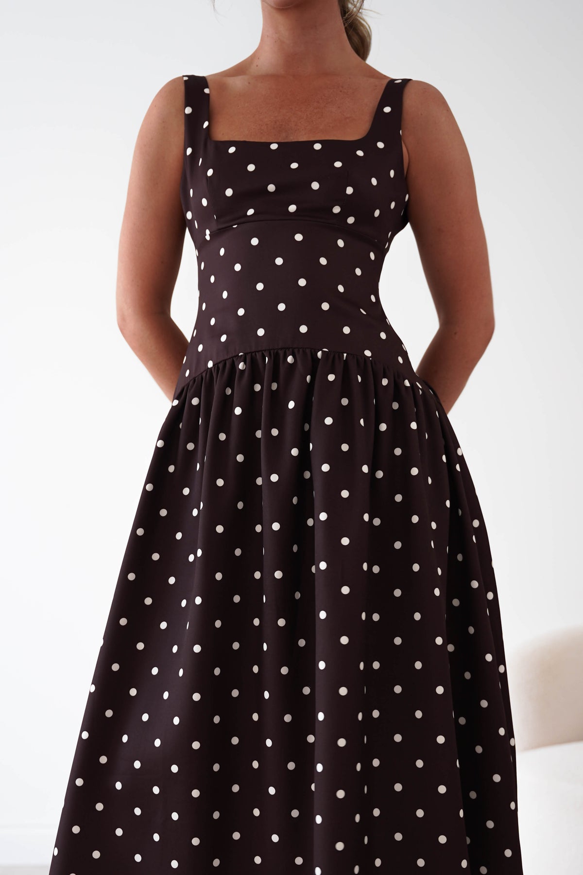 Lorna Square Neck Polka Dot Midi Dress | Brown-Oh Hello Clothing