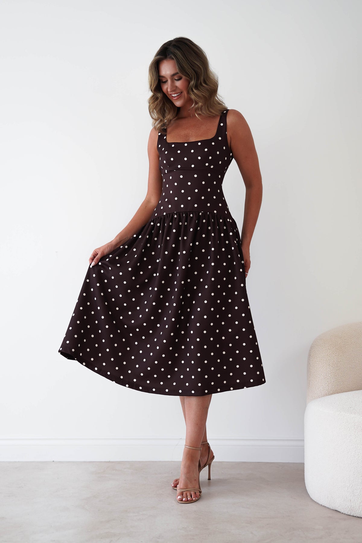 Lorna Square Neck Polka Dot Midi Dress | Brown-Oh Hello Clothing
