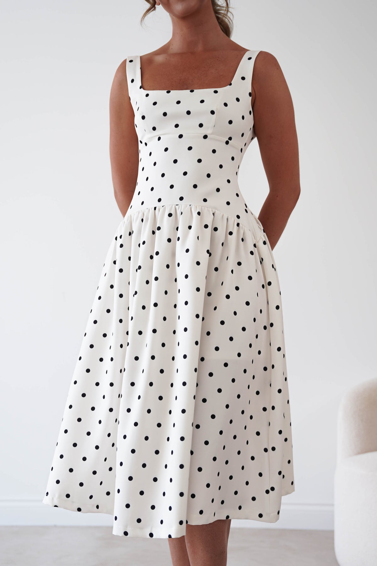 Lorna Square Neck Polka Dot Midi Dress | Cream-Oh Hello Clothing