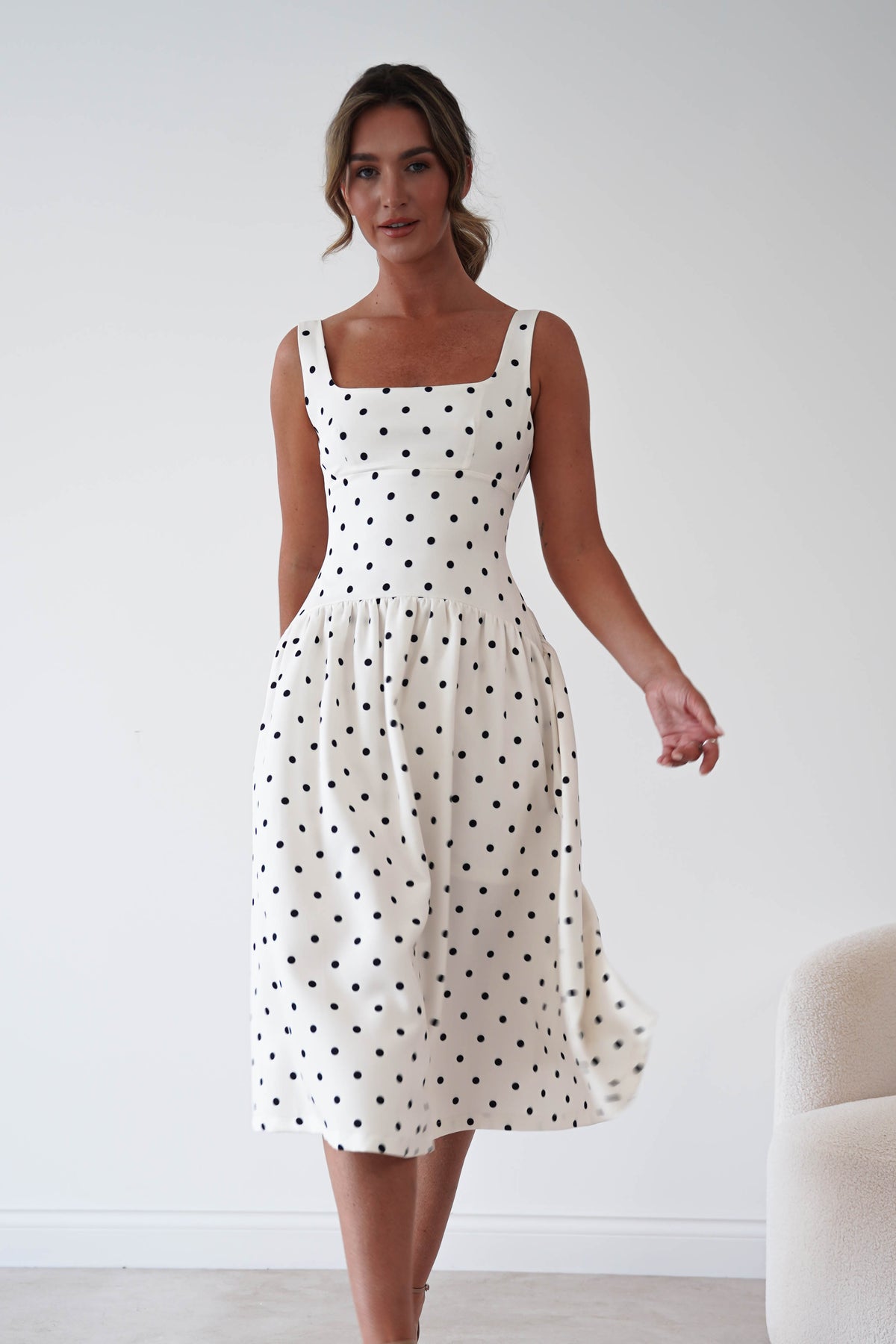 Lorna Square Neck Polka Dot Midi Dress | Cream-Oh Hello Clothing