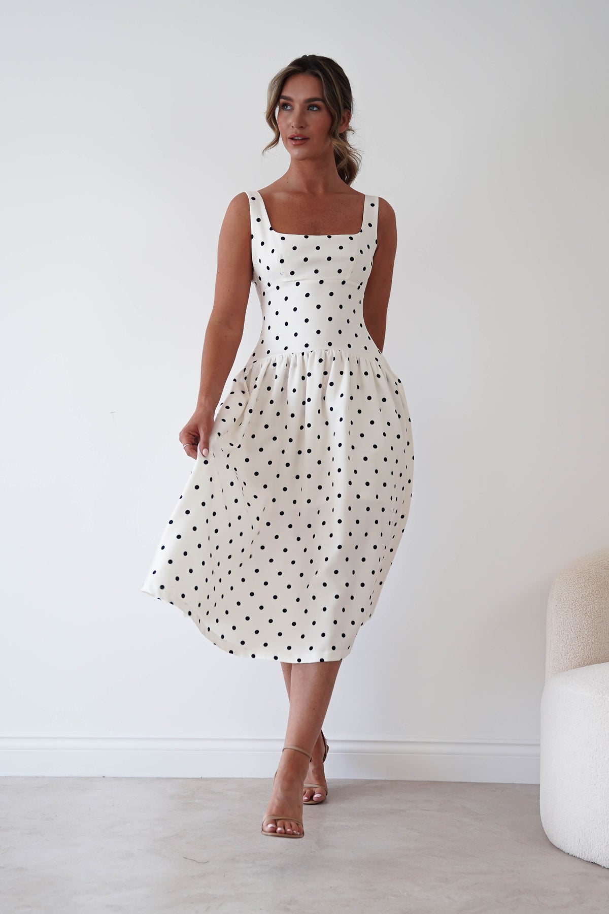 Lorna Square Neck Polka Dot Midi Dress | Cream-Oh Hello Clothing