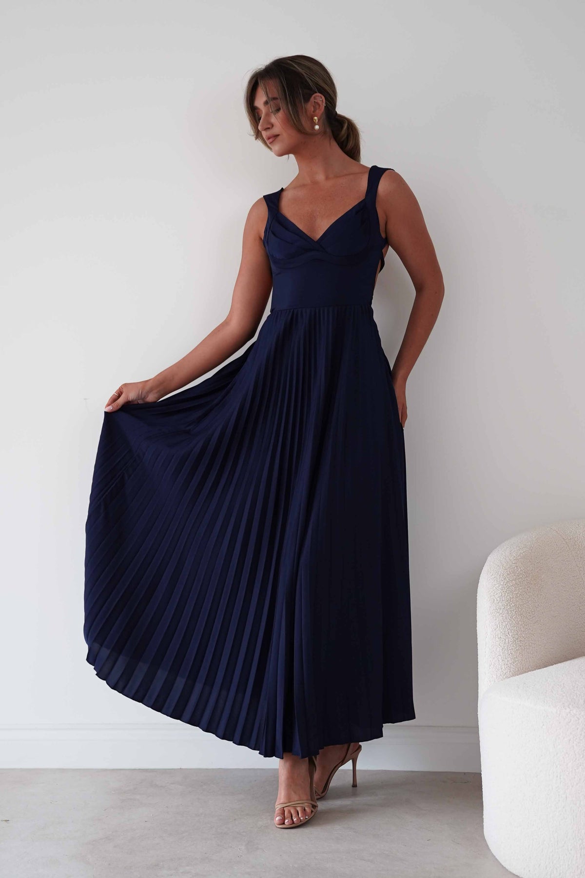Lottie Pleated Tie Back Maxi Dress | Navy-Oh Hello Clothing