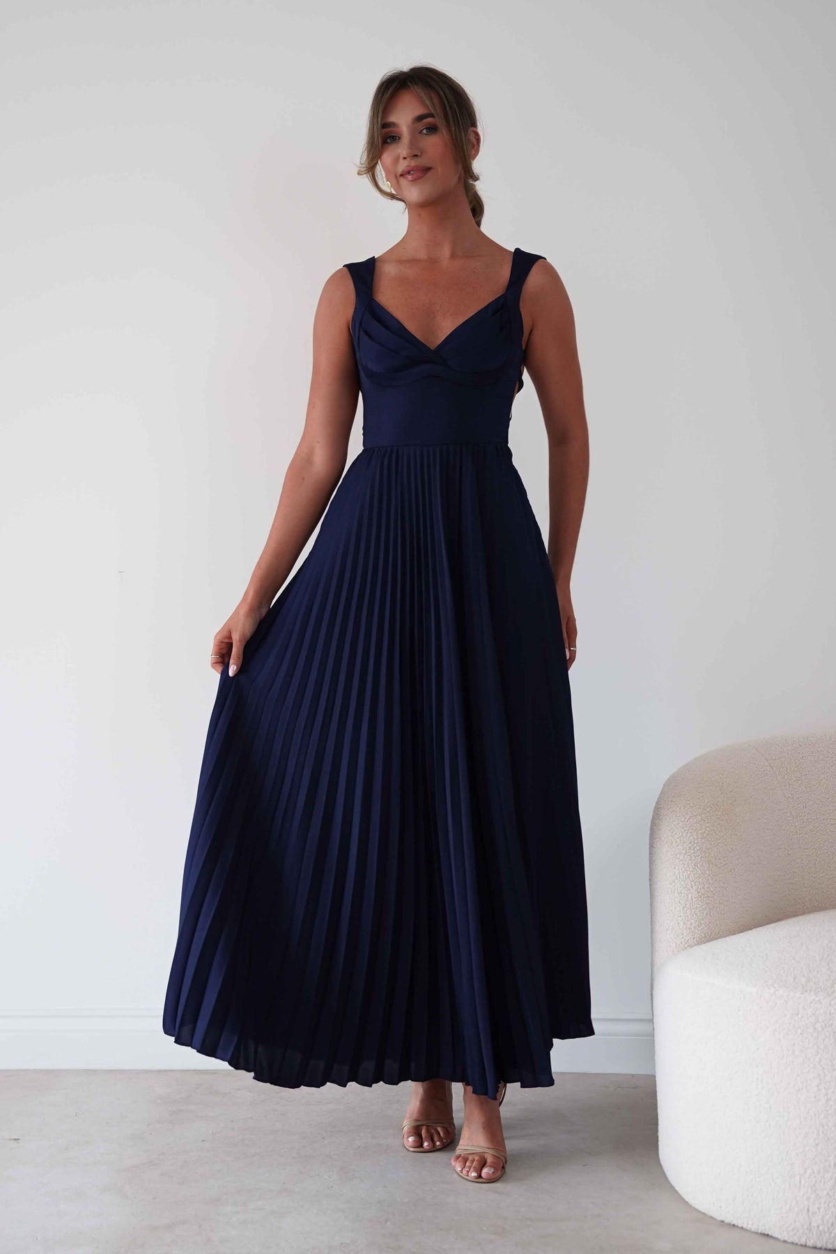 Lottie Pleated Tie Back Maxi Dress | Navy-Oh Hello Clothing