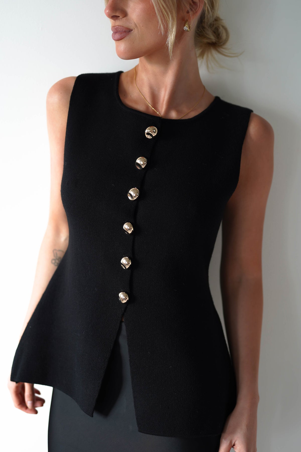 Louella Gold Button Waistcoat Top | Black-Oh Hello Clothing