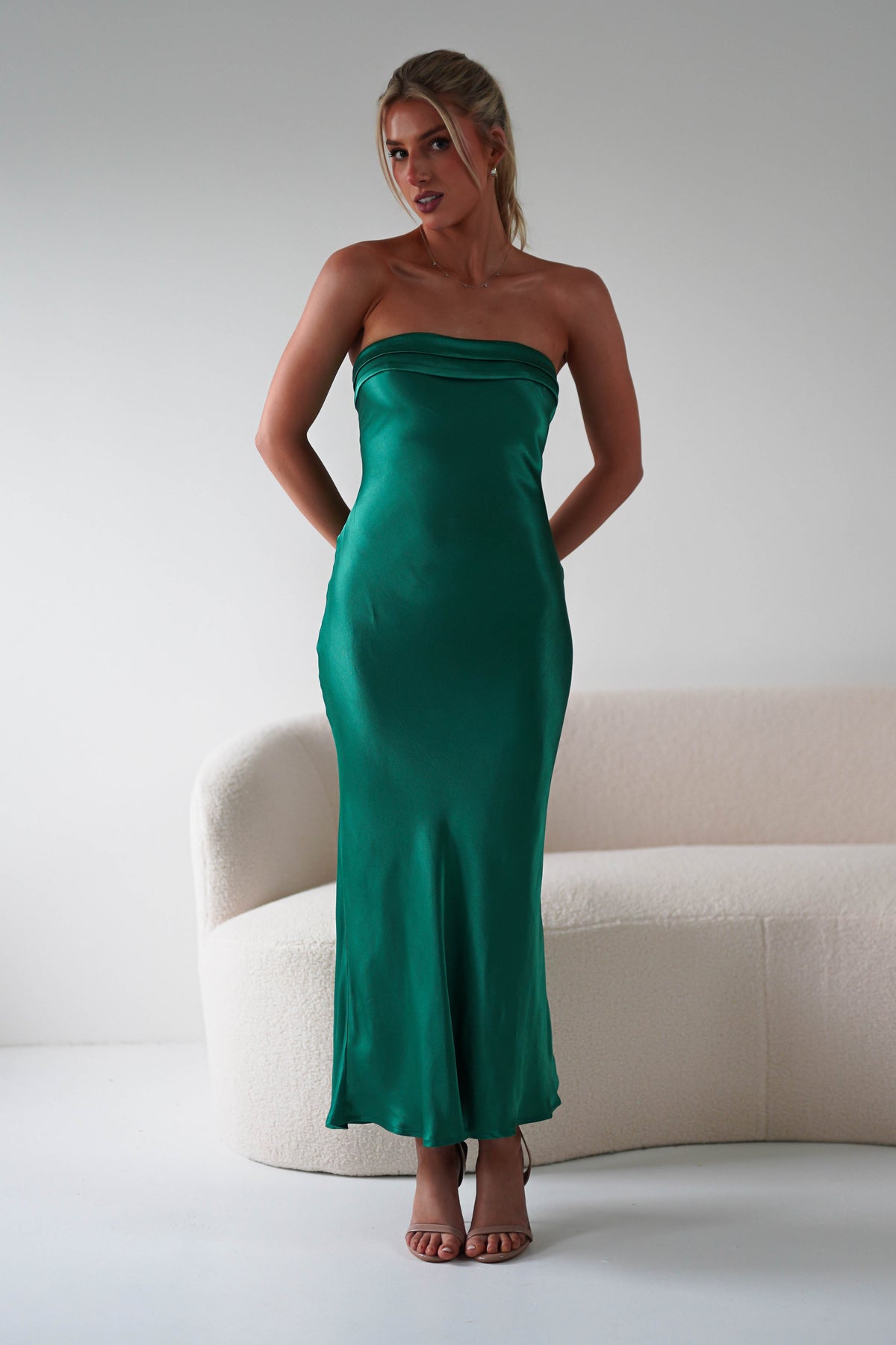 Lucia Soft Satin Slip Midi Dress | Emerald Green-Oh Hello Clothing