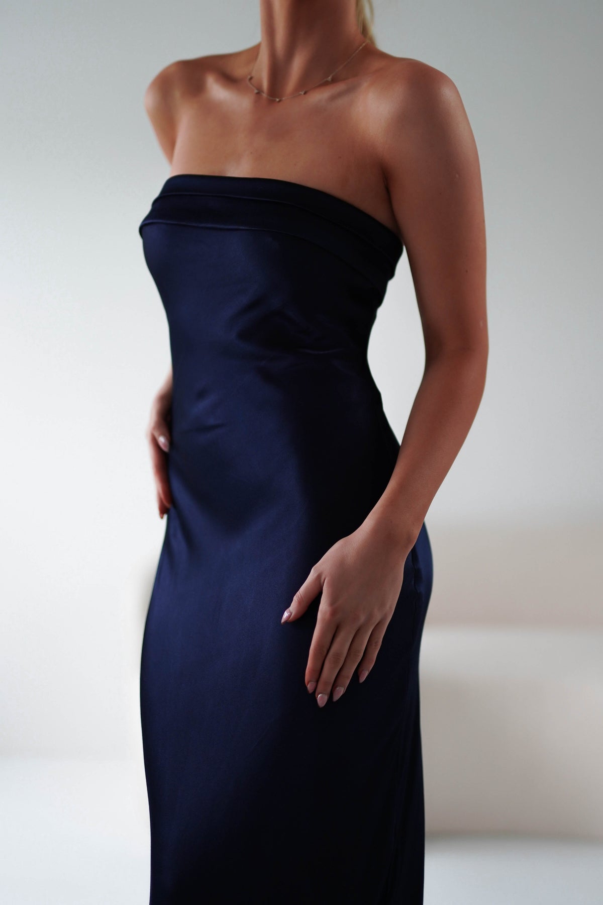 Lucia Soft Satin Slip Midi Dress | Navy-Oh Hello Clothing