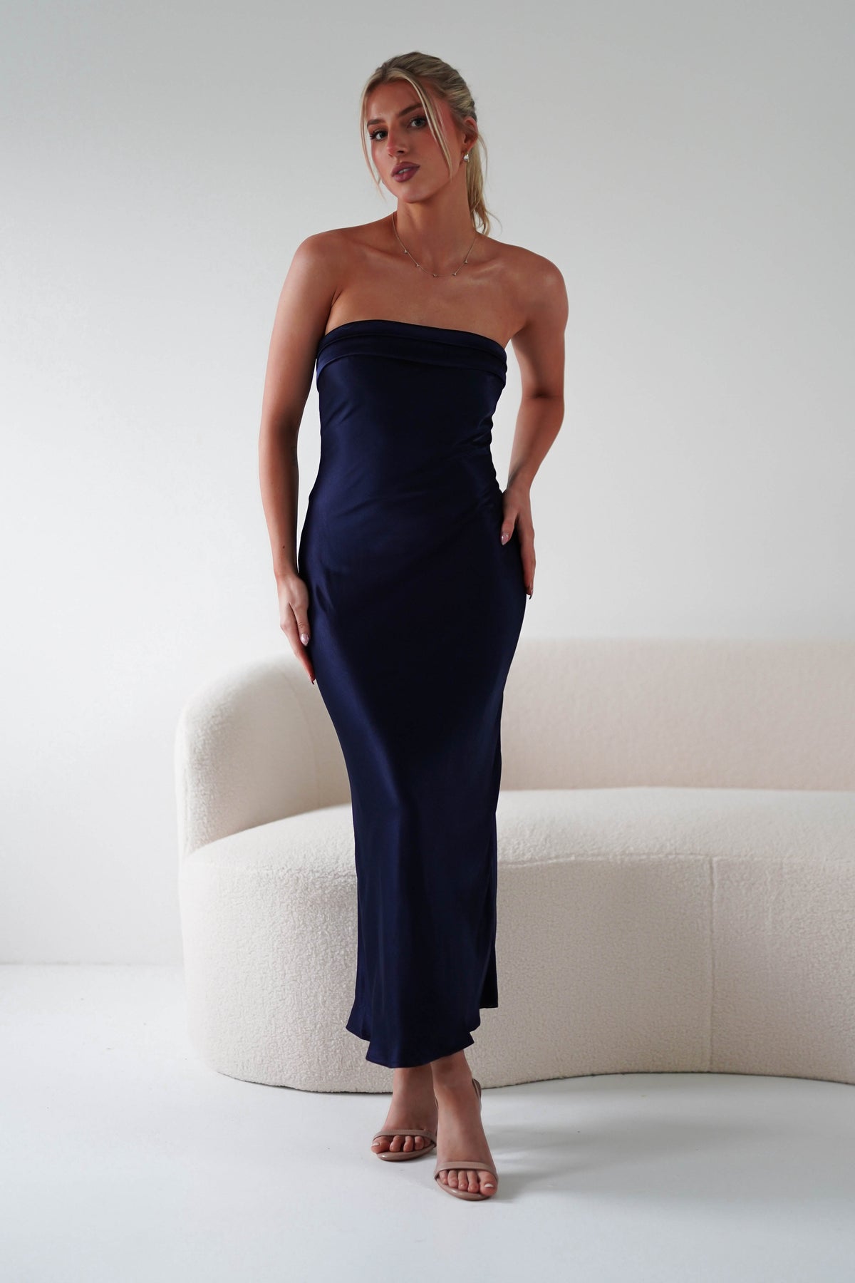 Lucia Soft Satin Slip Midi Dress | Navy-Oh Hello Clothing