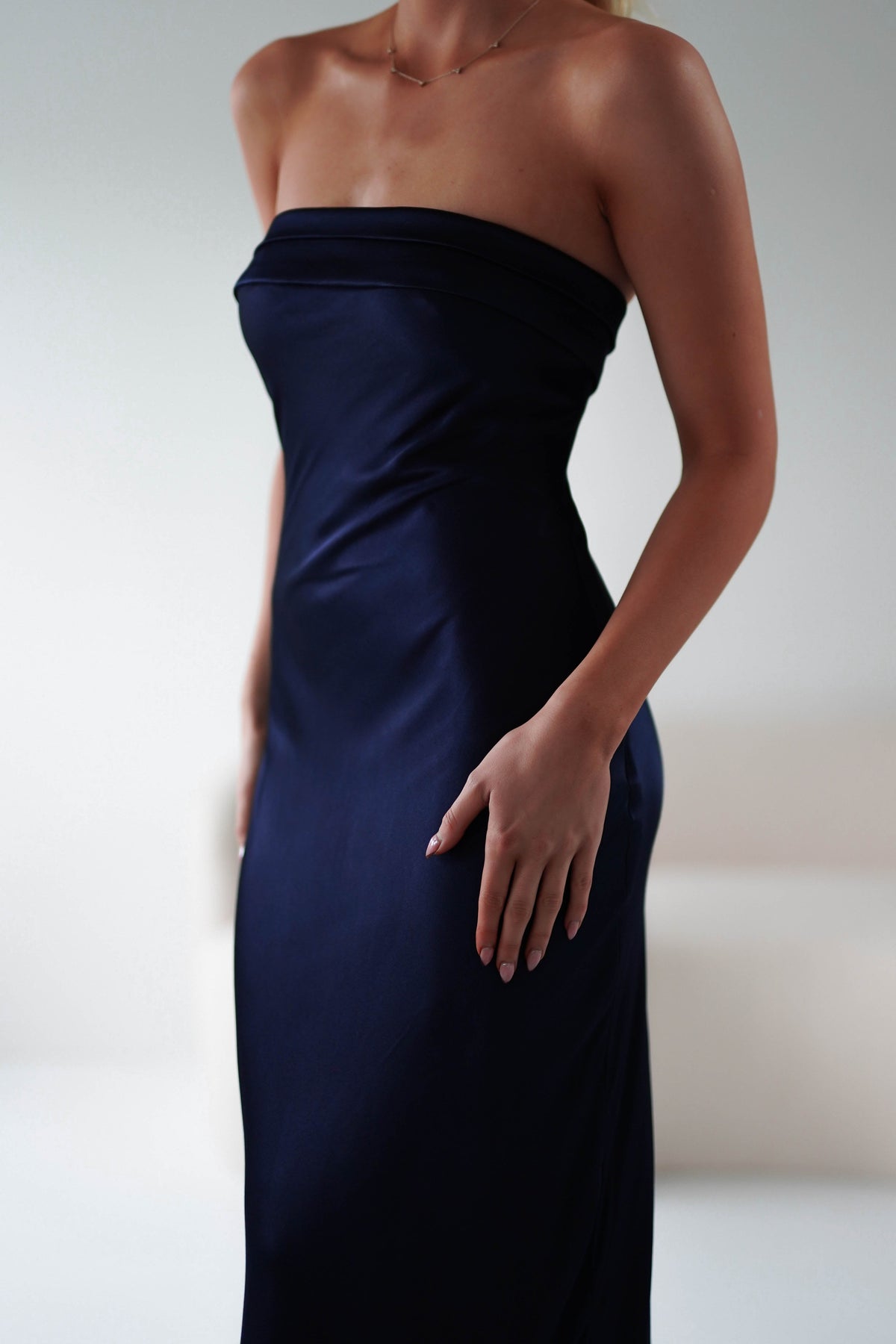 Lucia Soft Satin Slip Midi Dress | Navy-Oh Hello Clothing