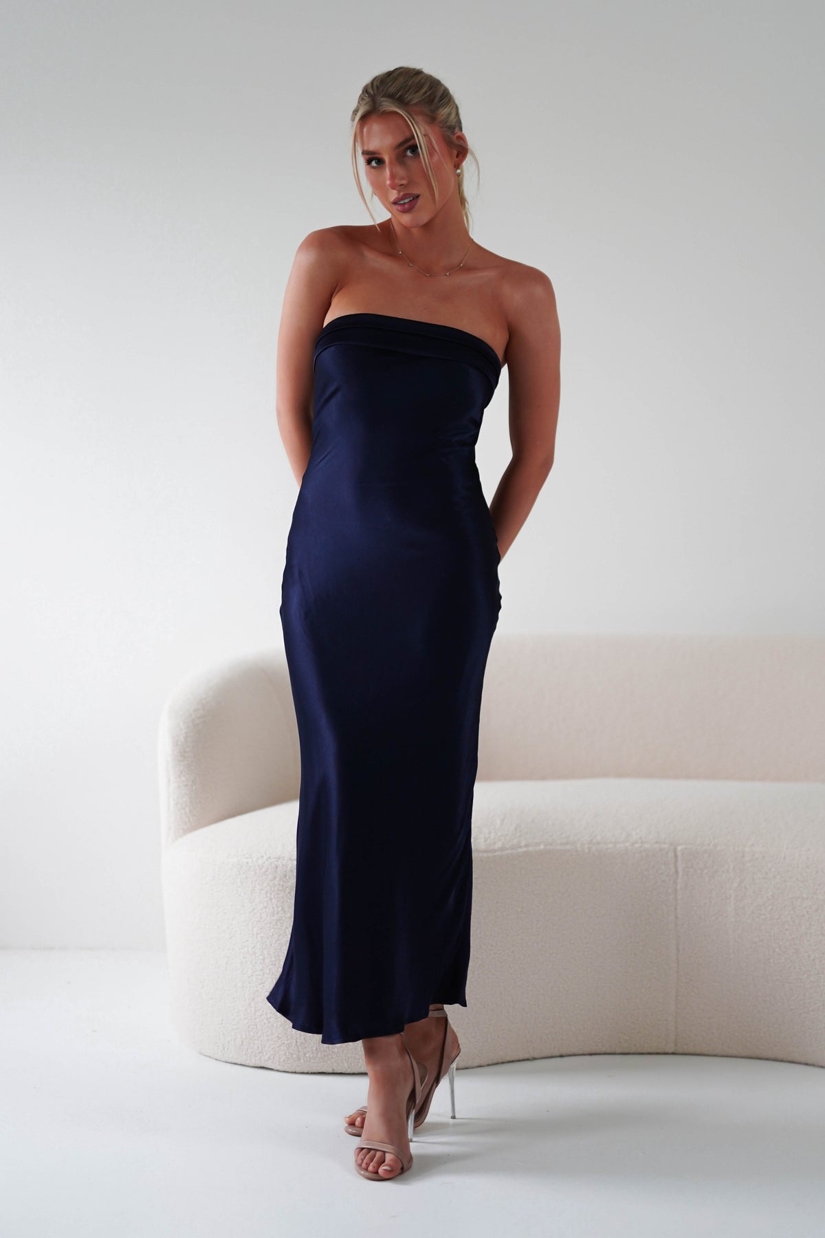 Lucia Soft Satin Slip Midi Dress | Navy-Oh Hello Clothing