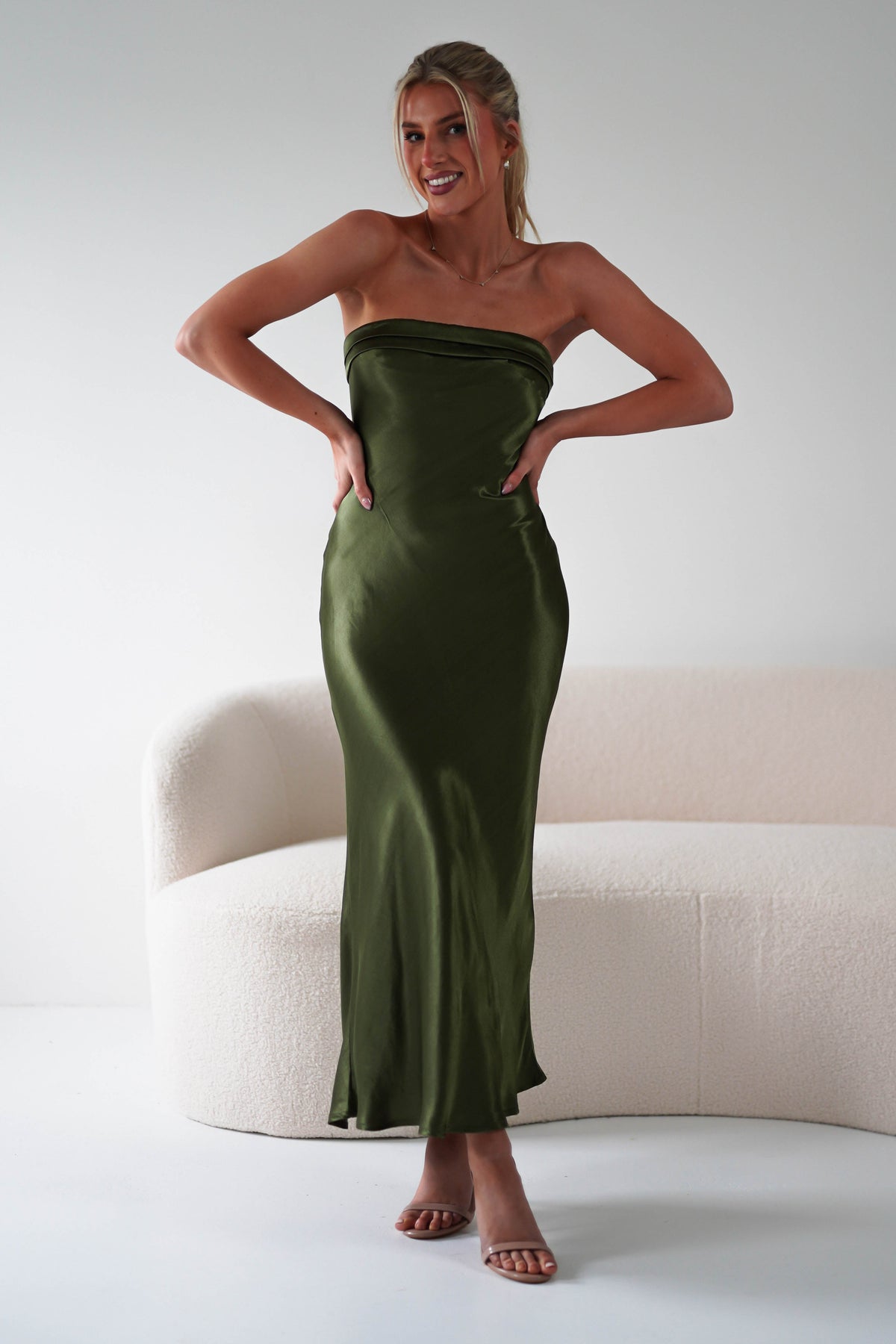 Lucia Soft Satin Slip Midi Dress | Olive-Oh Hello Clothing