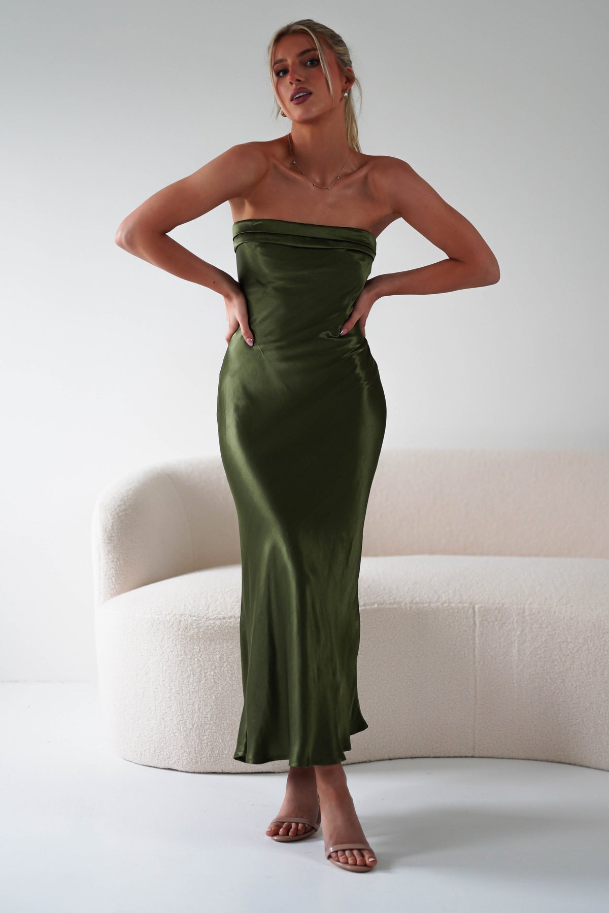 Lucia Soft Satin Slip Midi Dress | Olive-Oh Hello Clothing