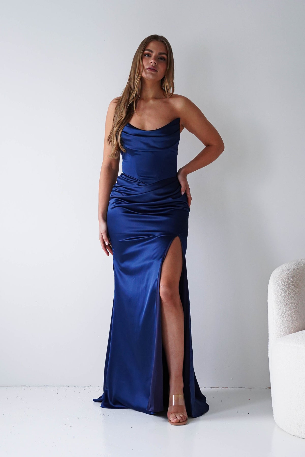 Lucienne Satin Strapless Maxi Dress | Navy-Oh Hello Clothing
