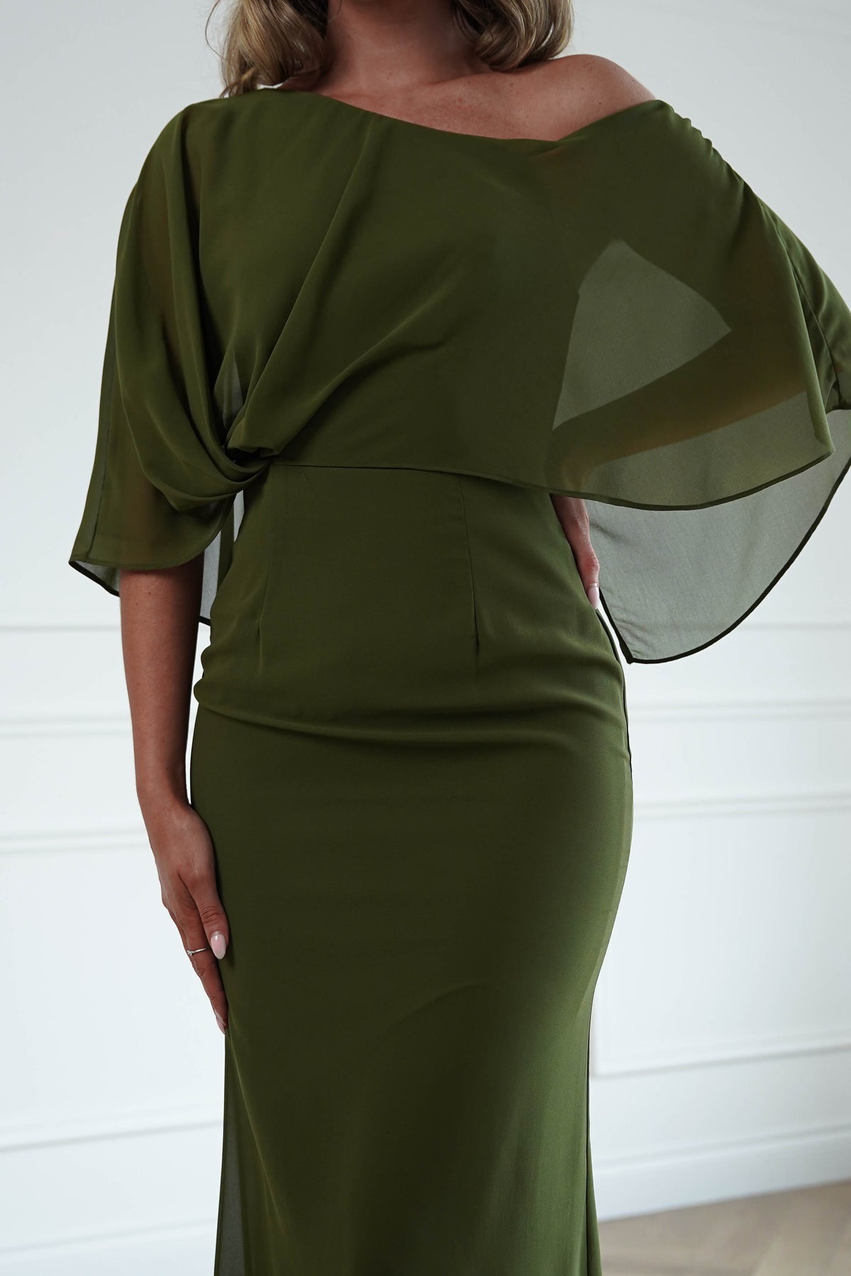 Oh Hello Clothing Women > Clothing > Dresses * DONE - MANIJU | MM24629 |Draped Cape Maxi Dress | Olive Green