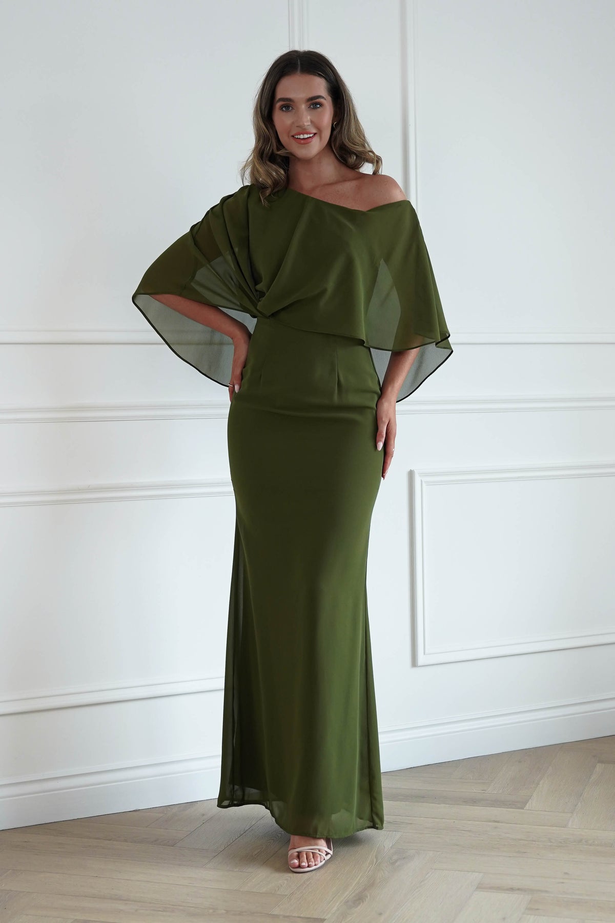 Oh Hello Clothing Women > Clothing > Dresses * DONE - MANIJU | MM24629 |Draped Cape Maxi Dress | Olive Green