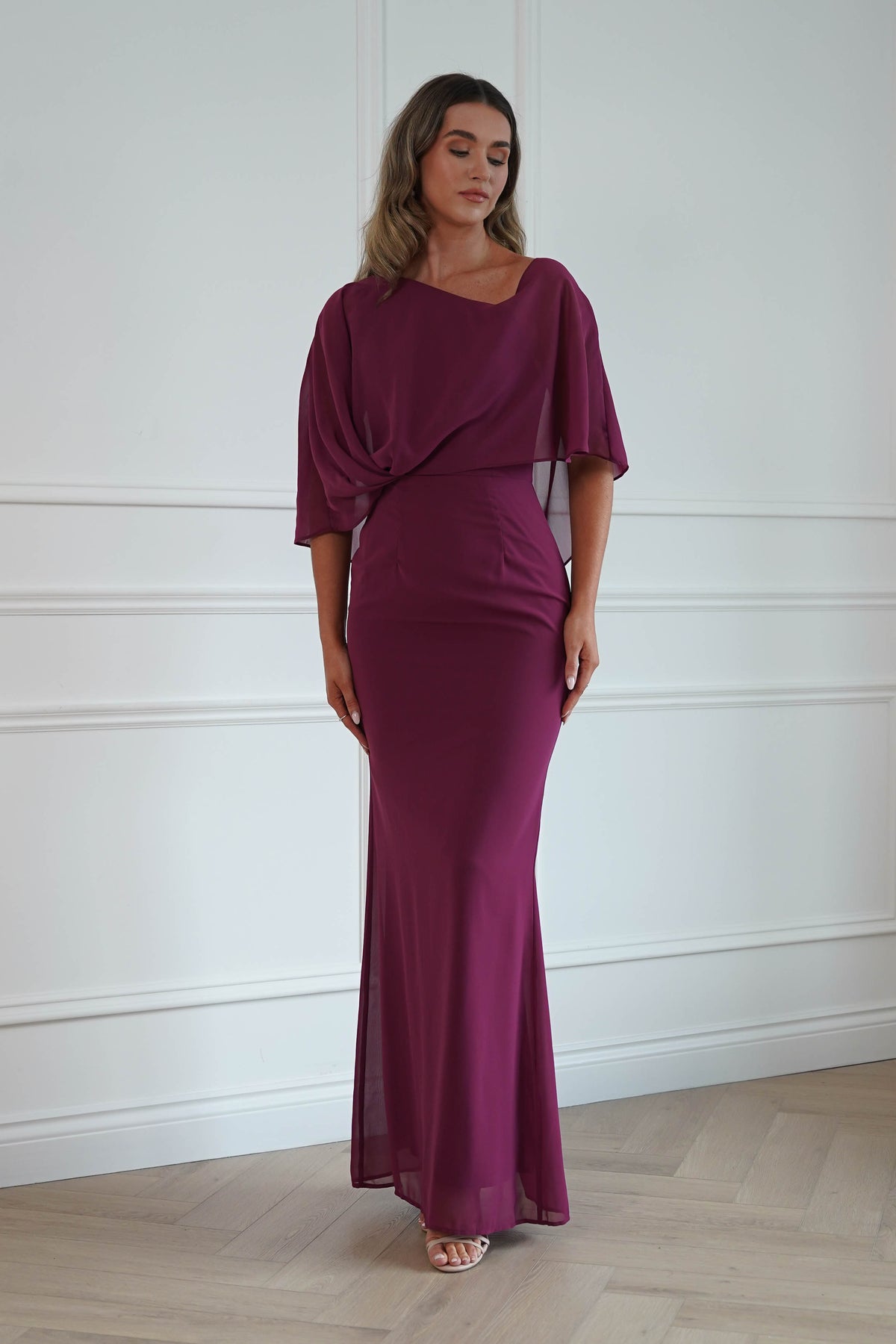 Oh Hello Clothing Women > Clothing > Dresses * DONE - MANIJU | MM24629 |Draped Cape Maxi Dress | darkrose (Copy)