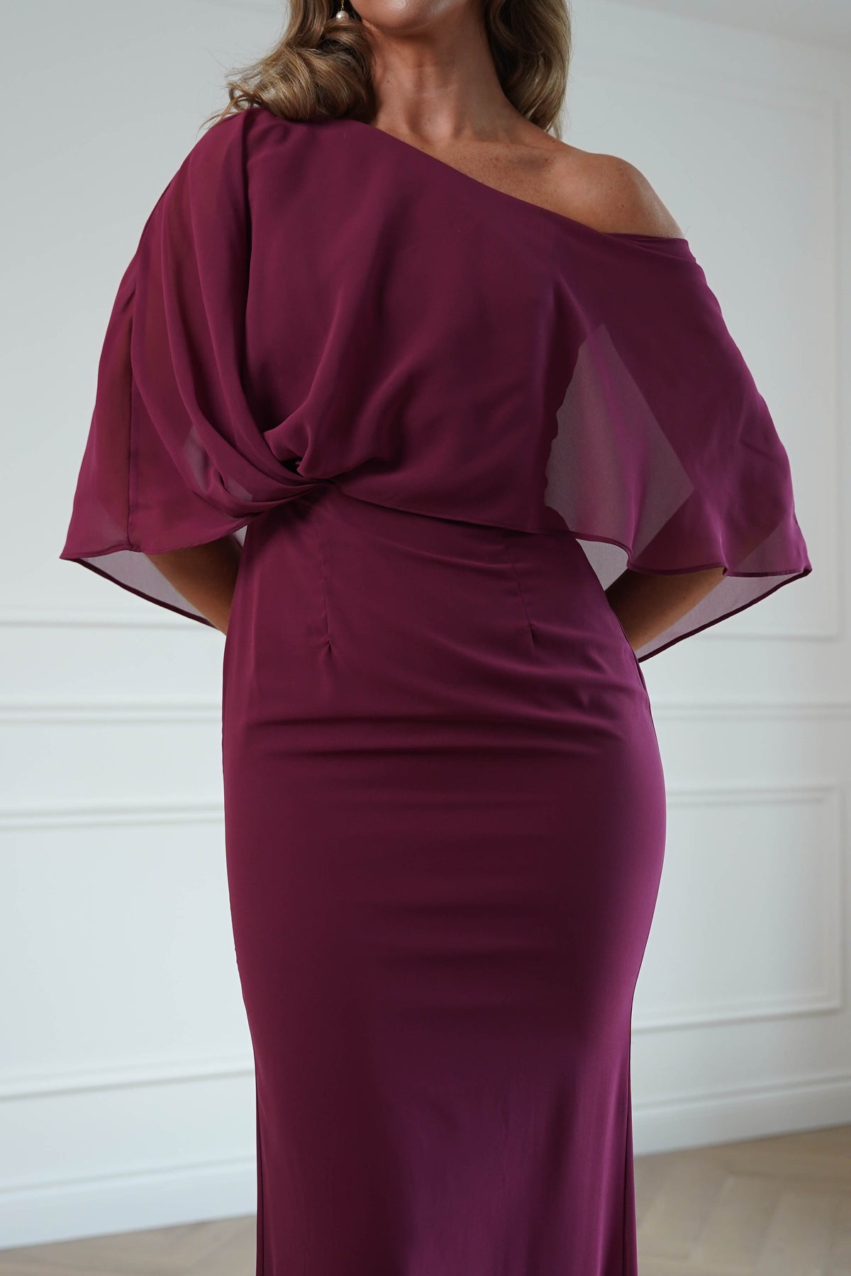 Oh Hello Clothing Women > Clothing > Dresses * DONE - MANIJU | MM24629 |Draped Cape Maxi Dress | darkrose (Copy)