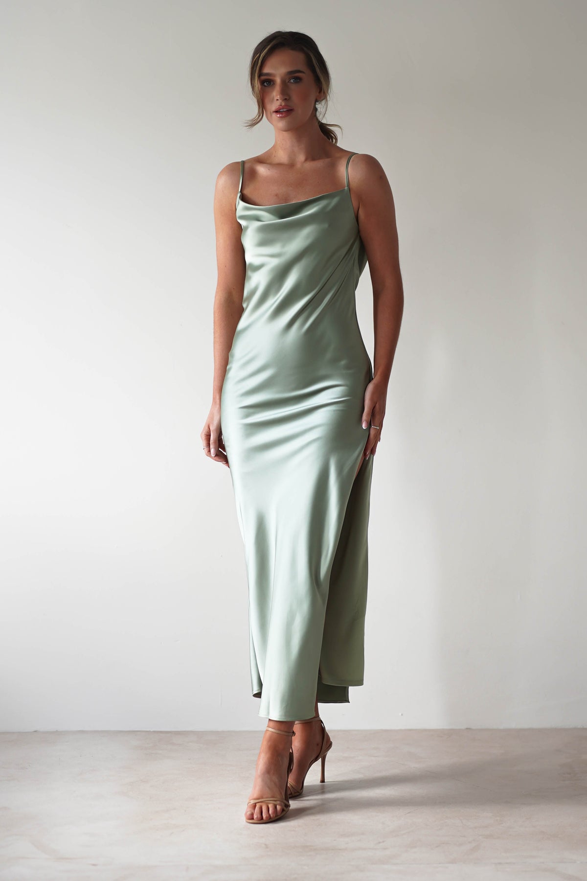 Luiza Low Back Satin Maxi Dress | Sage-Oh Hello Clothing