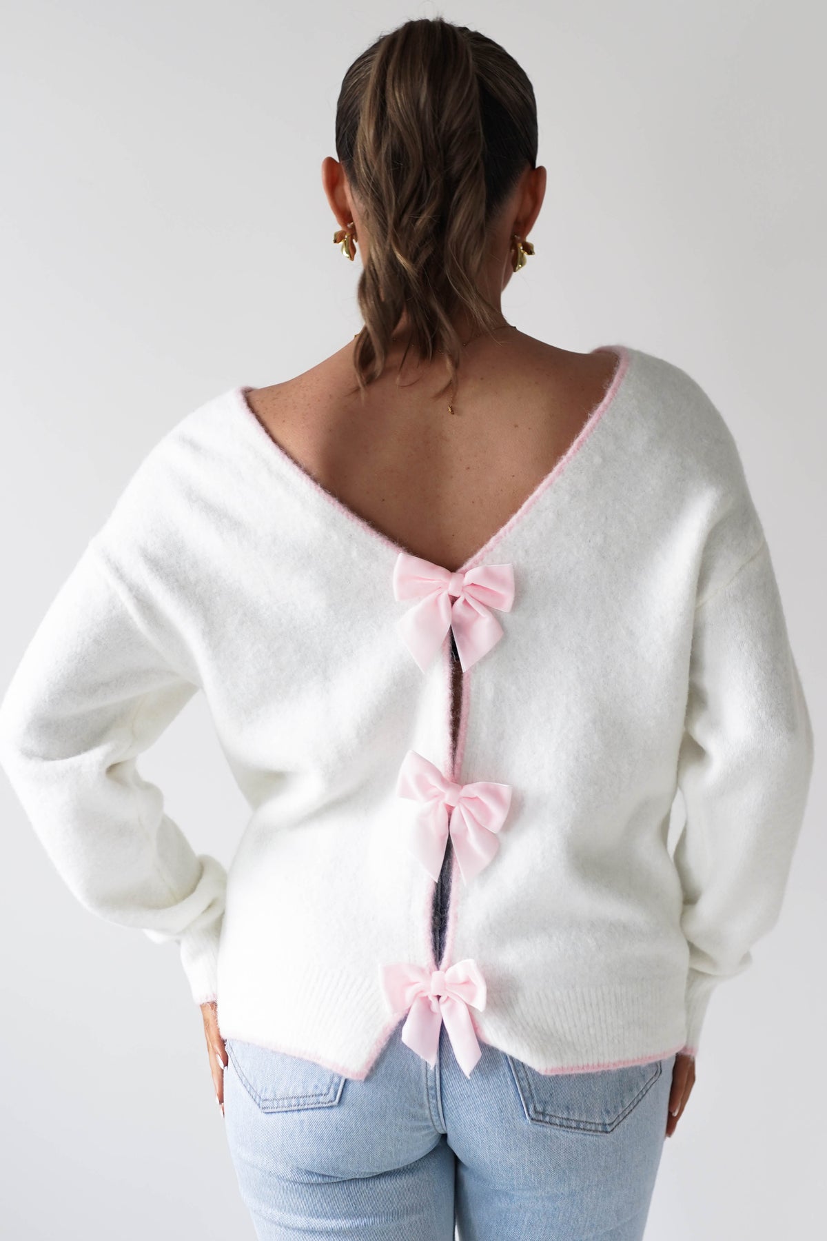 Lula Bow Detail Knit Jumper | White/Pink-Oh Hello Clothing