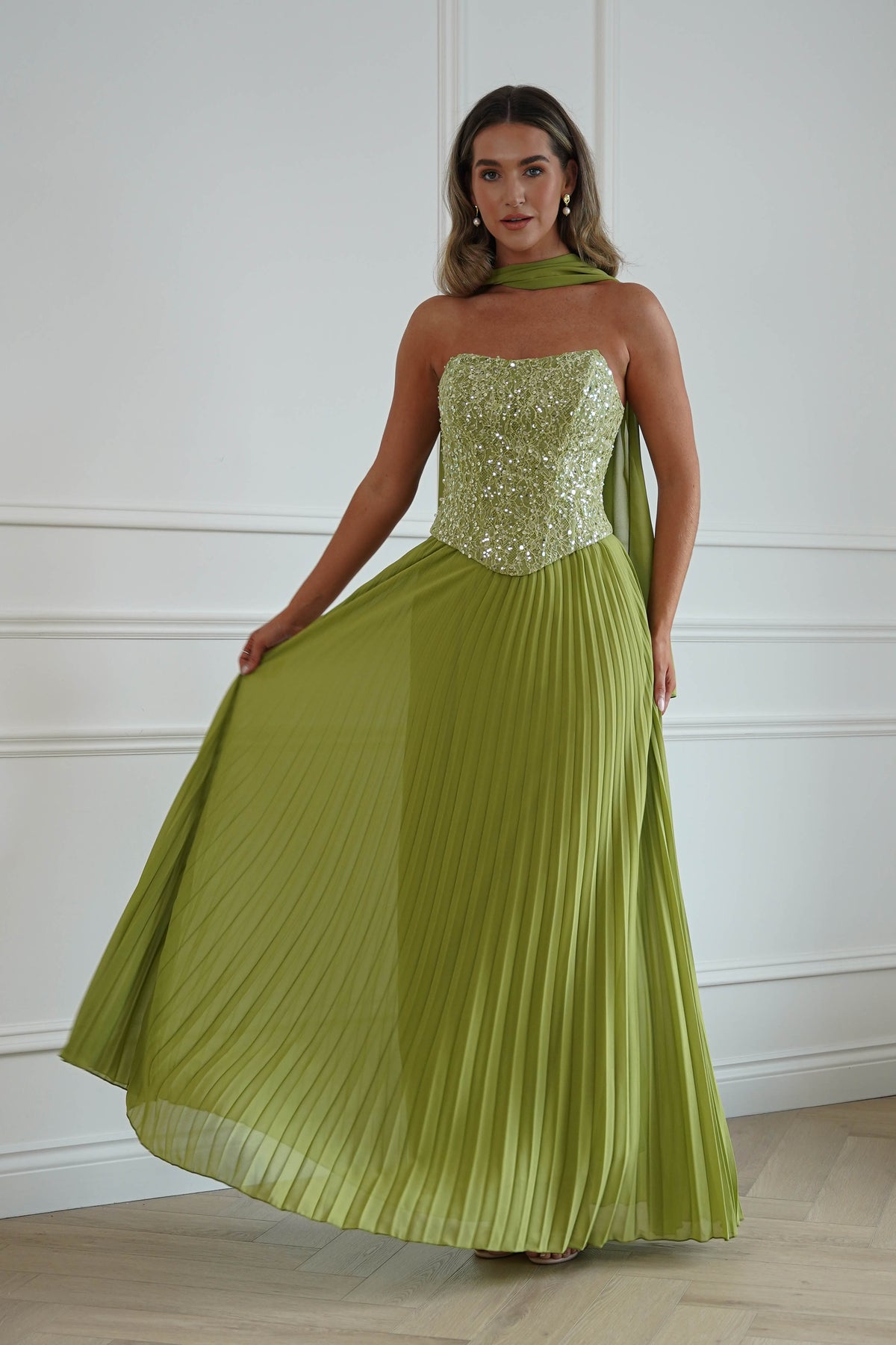 Oh Hello Clothing Women > Clothing > Dresses Madelyn Strapless Pleated Maxi Dress | Lime