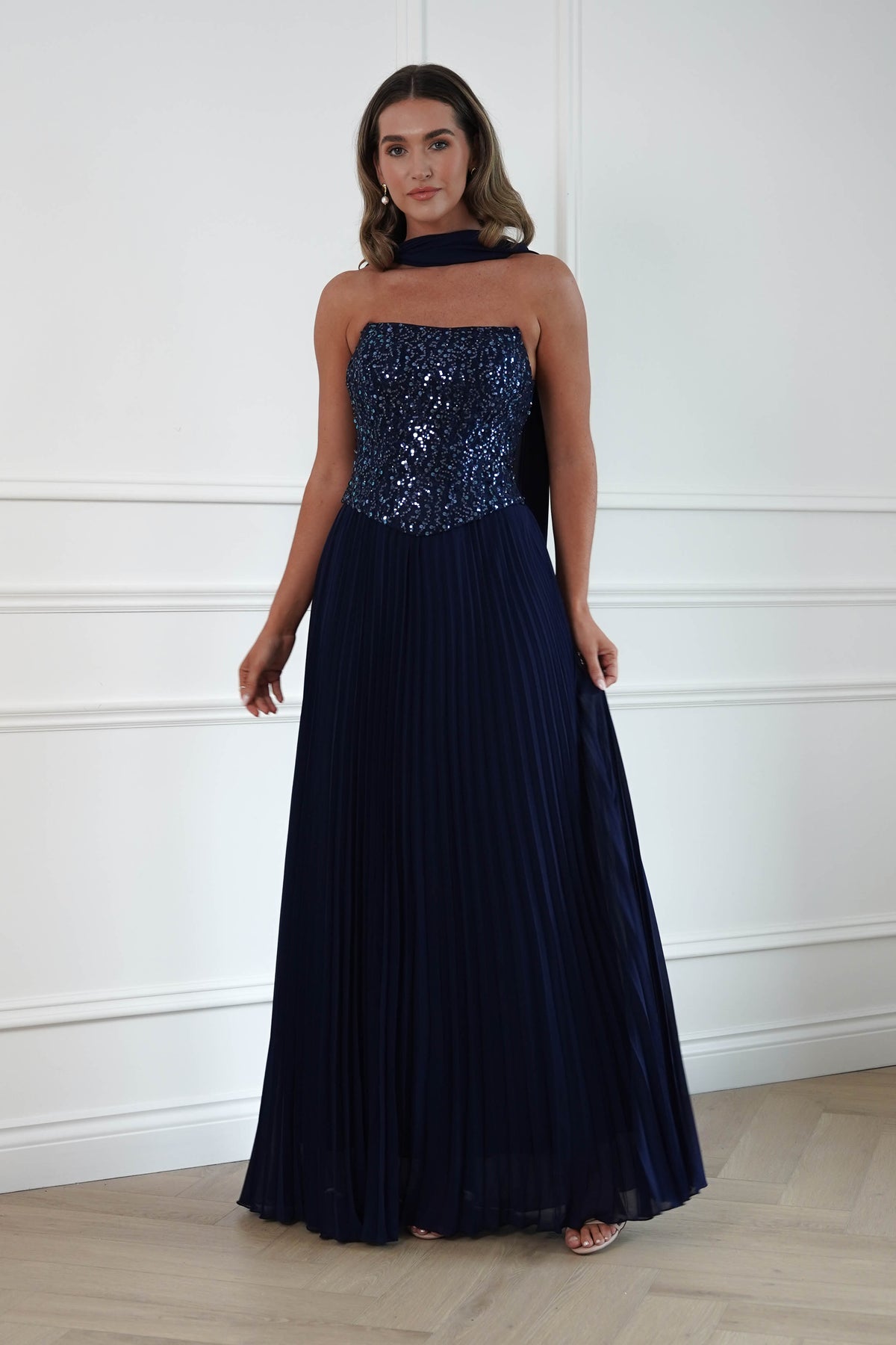 Oh Hello Clothing Women > Clothing > Dresses Madelyn Strapless Pleated Maxi Dress | Navy
