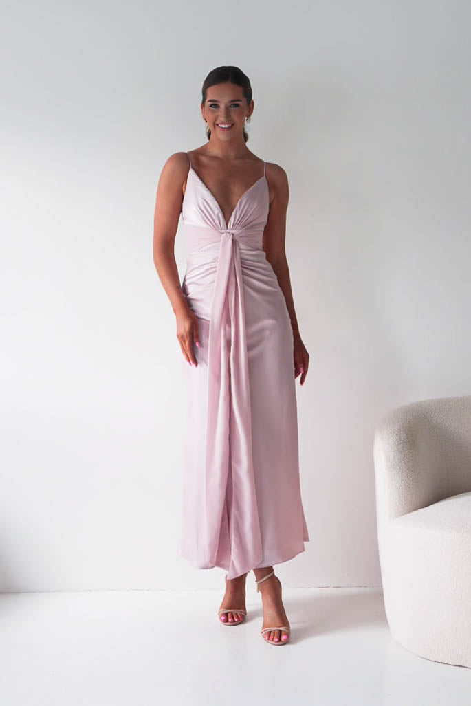 Madi Drape Front Detail Satin Maxi Dress | Pink-Oh Hello Clothing