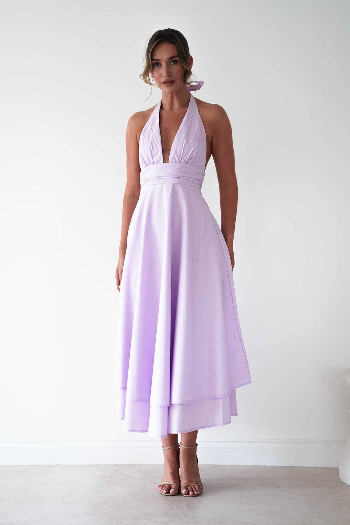Vestido Midi Largo Halter de Gasa Makaila Lila - Oh Hello Clothing