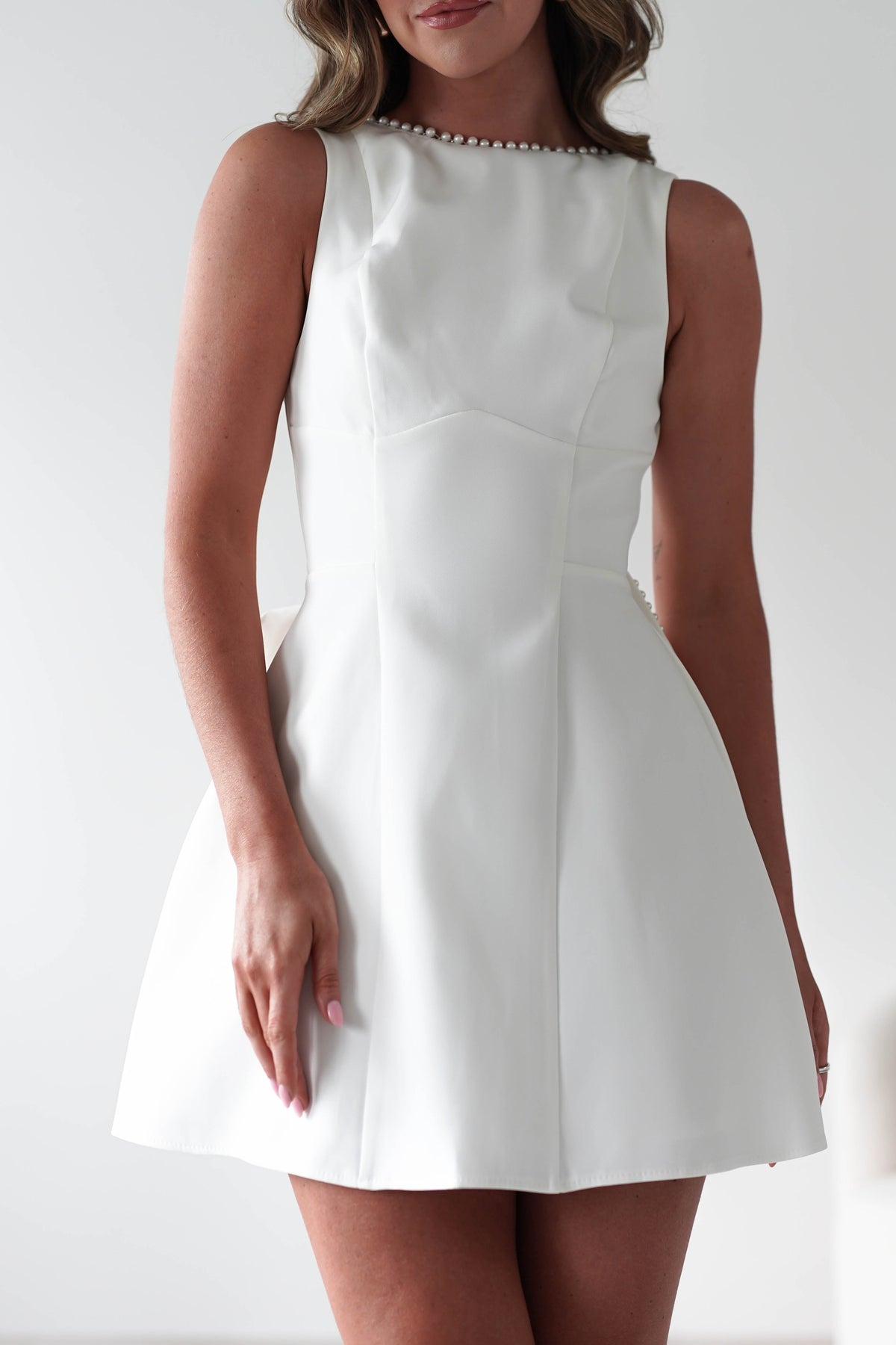 Maria Pearl Bow Detail Mini Dress | White-Oh Hello Clothing