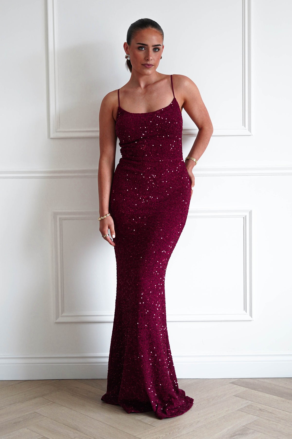 Maria Sequin Bodycon Maxi Gown | Dark Red-Oh Hello Clothing
