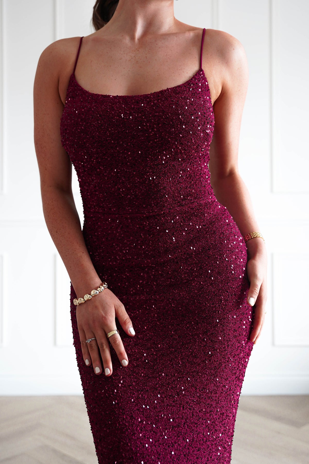 Maria Sequin Bodycon Maxi Gown | Dark Red-Oh Hello Clothing