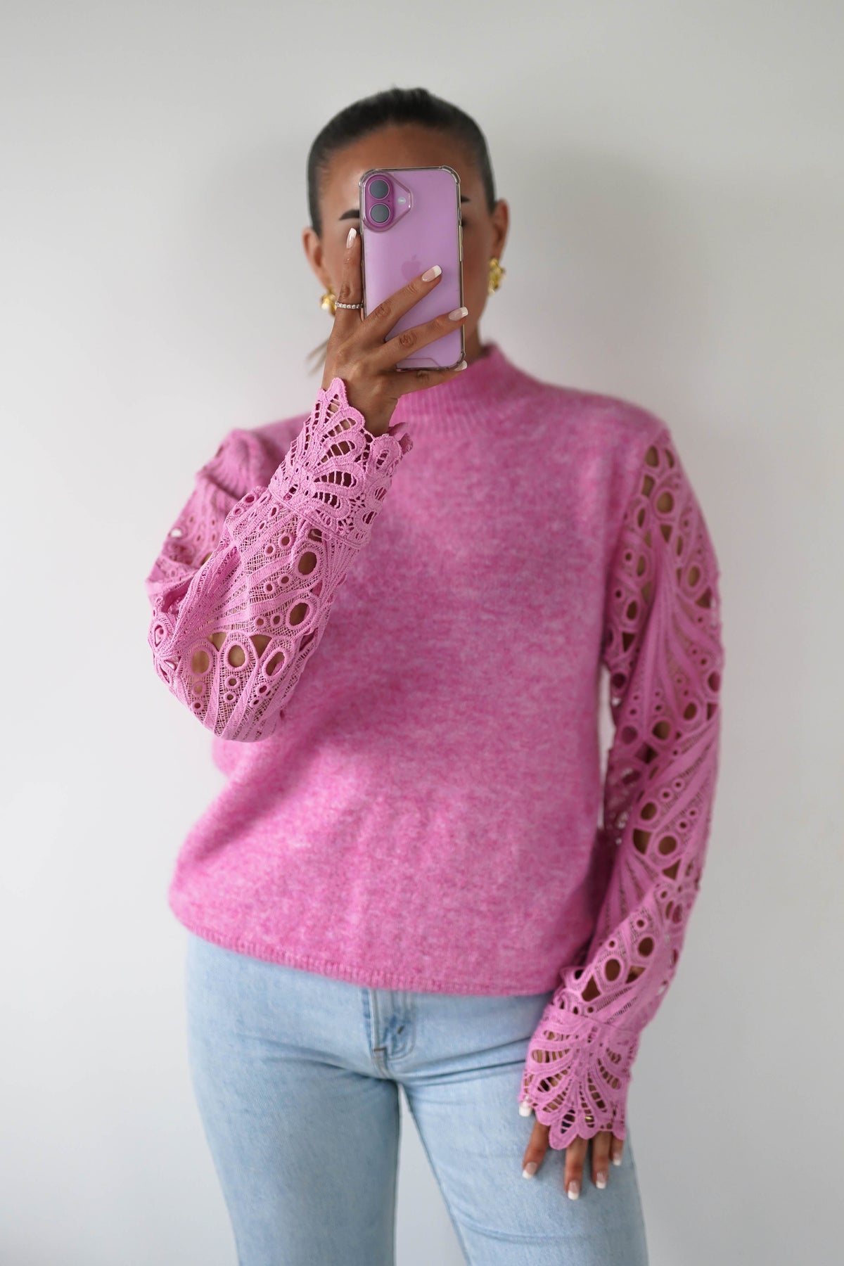 Marie Lace Sleeve Knit Jumper | Pink-Oh Hello Clothing