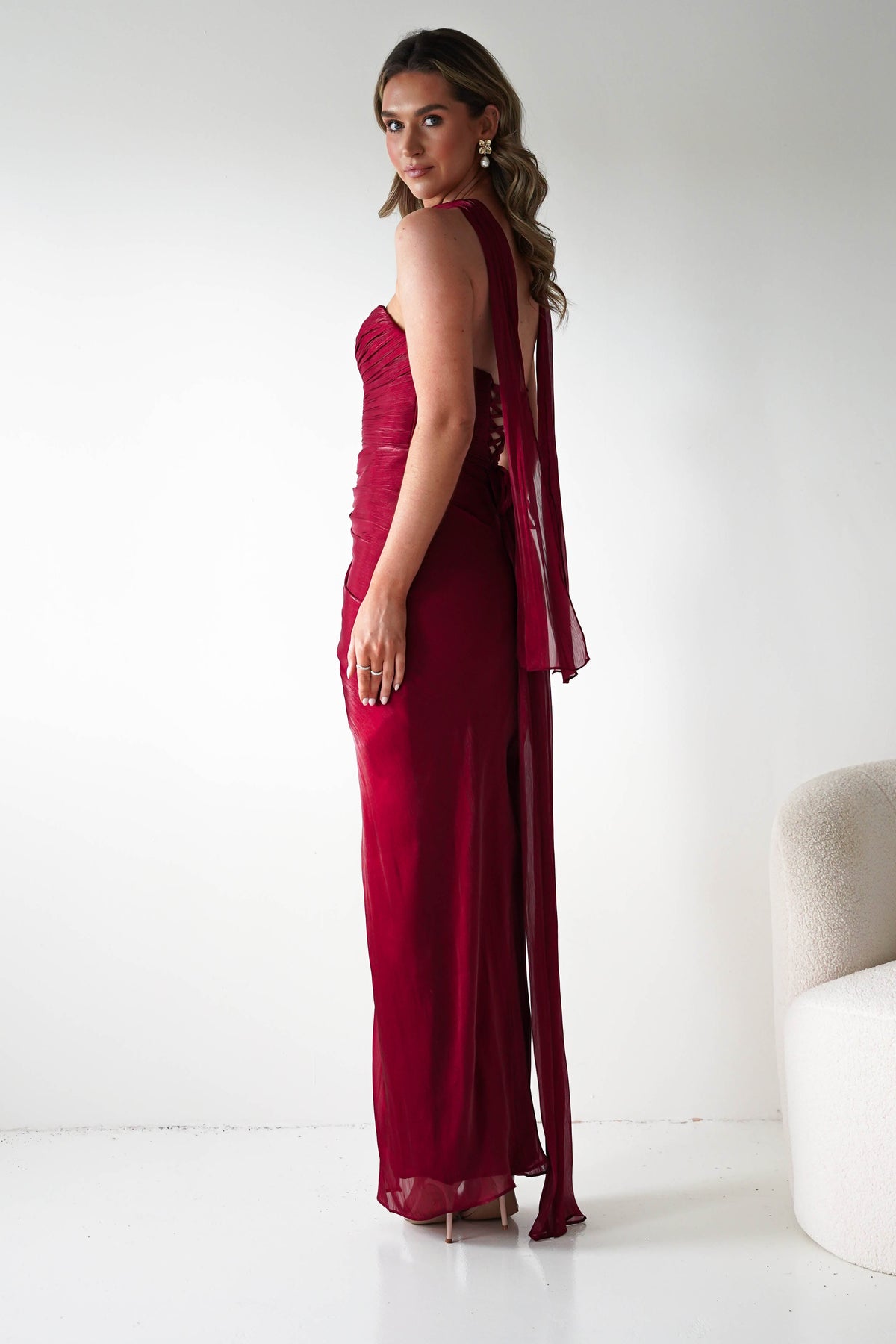 Marielle Glowing Chiffon Strapless Maxi Dress | Burgundy-Oh Hello Clothing