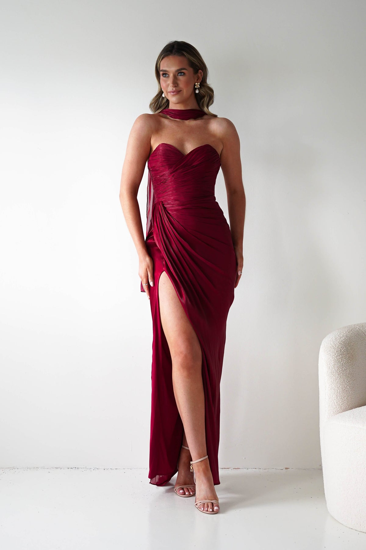 Marielle Glowing Chiffon Strapless Maxi Dress | Burgundy-Oh Hello Clothing