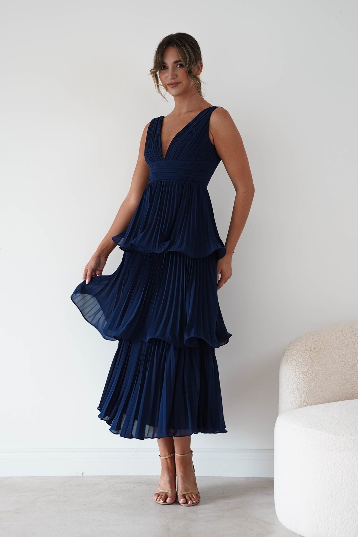 Marielle Pleated Tiered Midi Dress | Navy Blue-Oh Hello Clothing