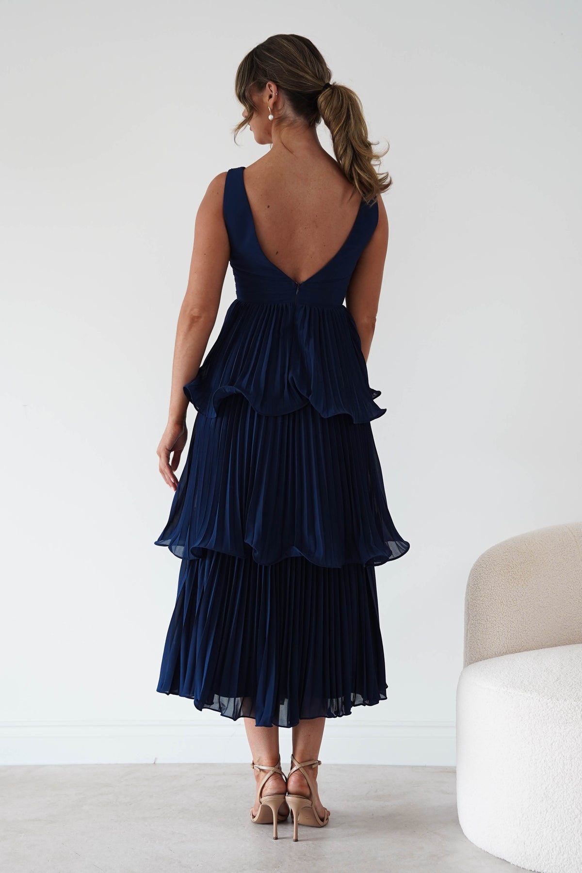 Marielle Pleated Tiered Midi Dress | Navy Blue-Oh Hello Clothing