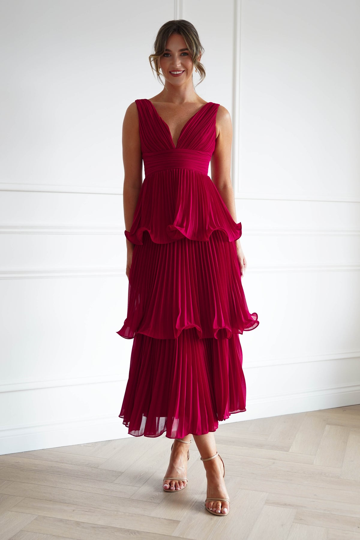 Marielle Pleated Tiered Midi Dress | Red-Oh Hello Clothing