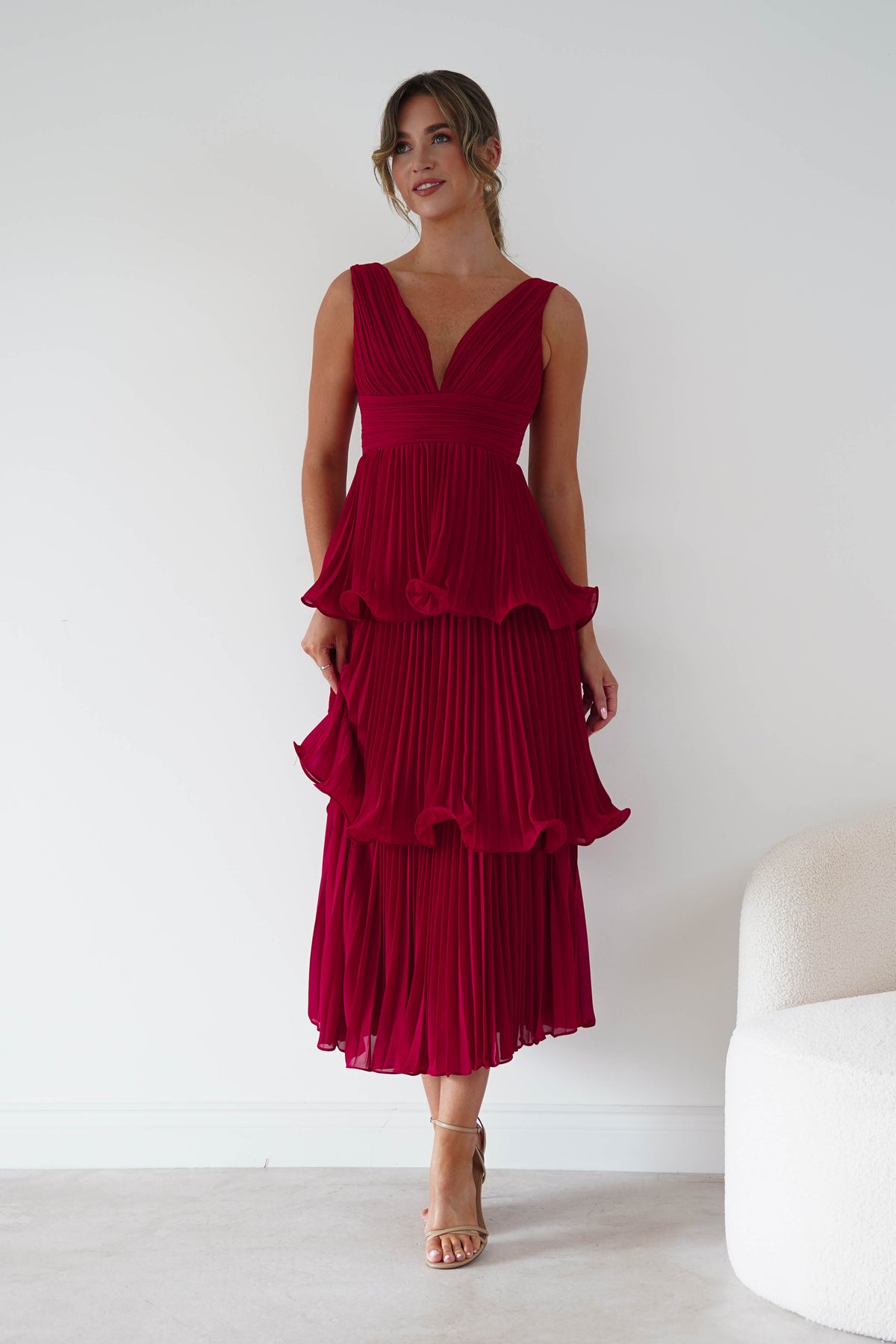 Marielle Pleated Tiered Midi Dress | Red-Oh Hello Clothing