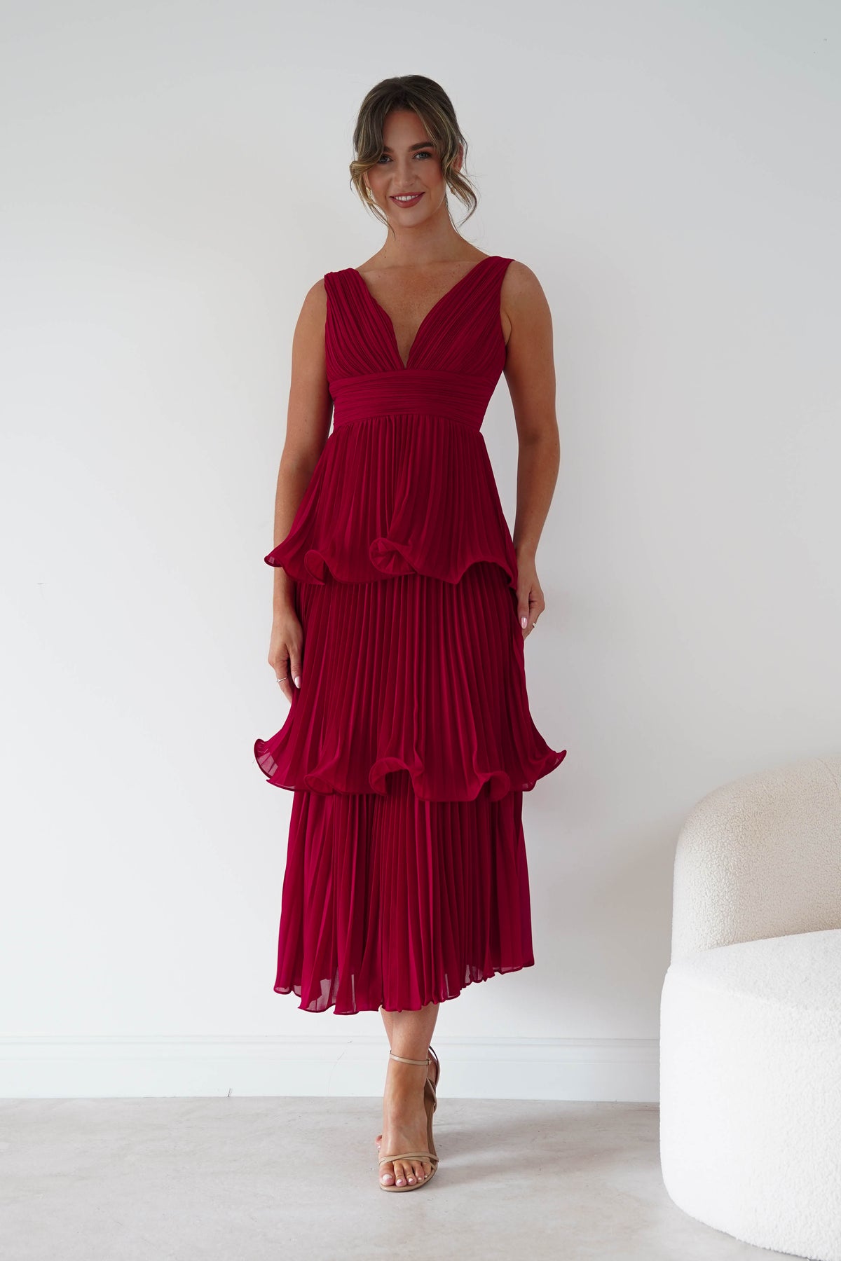 Marielle Pleated Tiered Midi Dress | Red-Oh Hello Clothing