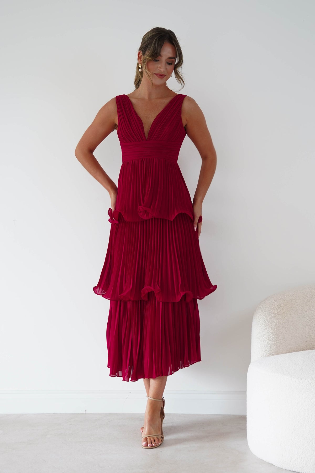 Marielle Pleated Tiered Midi Dress | Red-Oh Hello Clothing