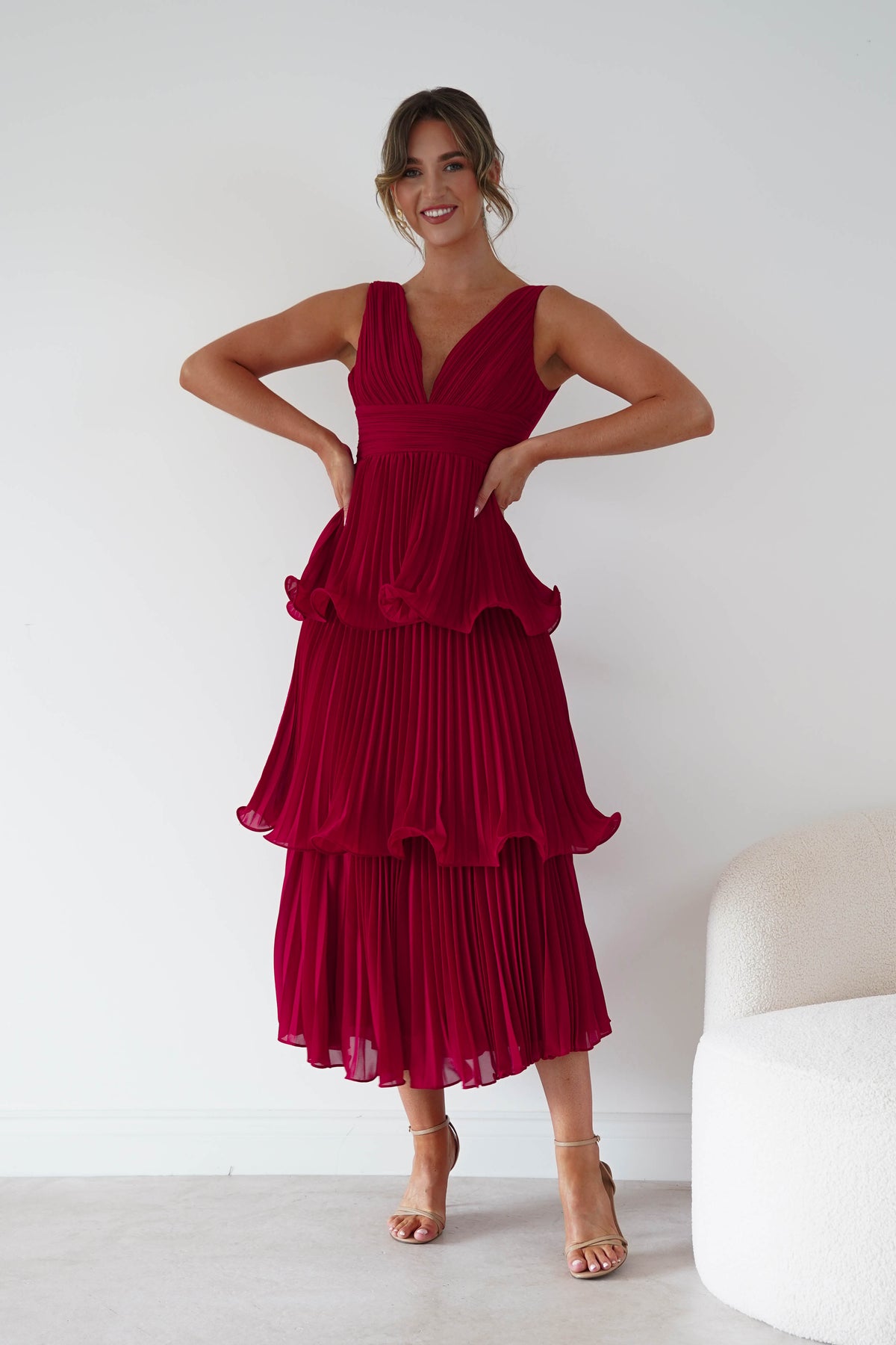 Marielle Pleated Tiered Midi Dress | Red-Oh Hello Clothing