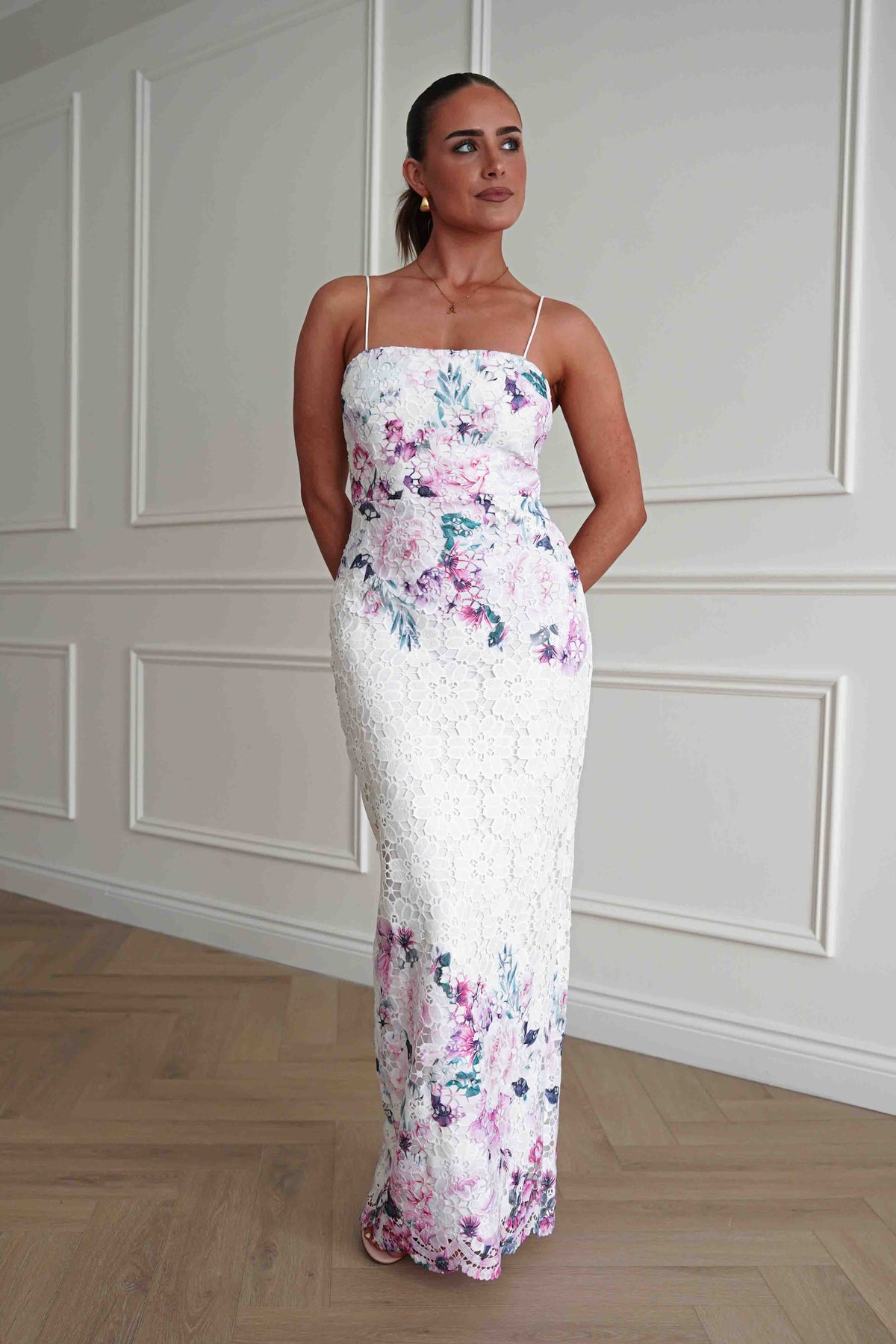 Melanie Floral Lace Midaxi Dress | White/Pink-Oh Hello Clothing