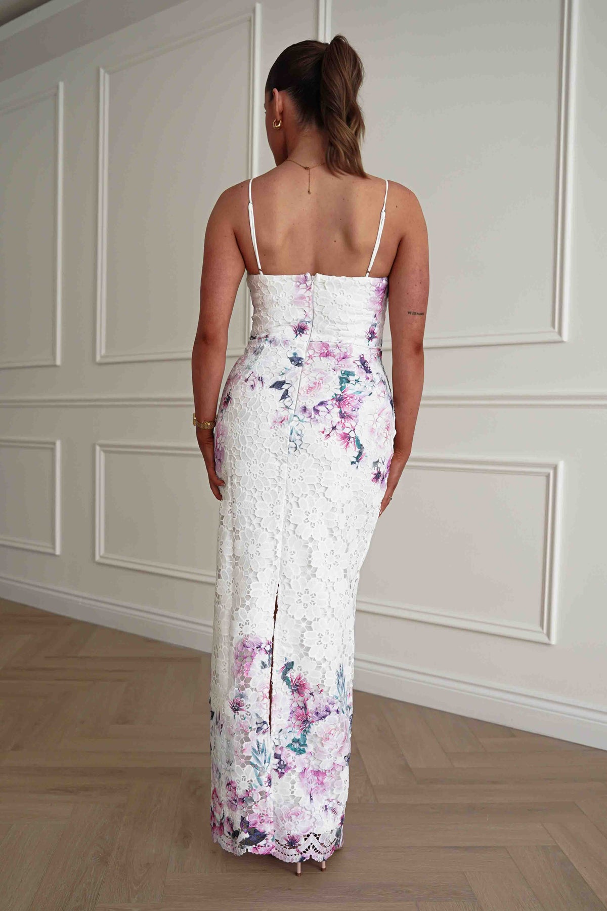 Melanie Floral Lace Midaxi Dress | White/Pink-Oh Hello Clothing