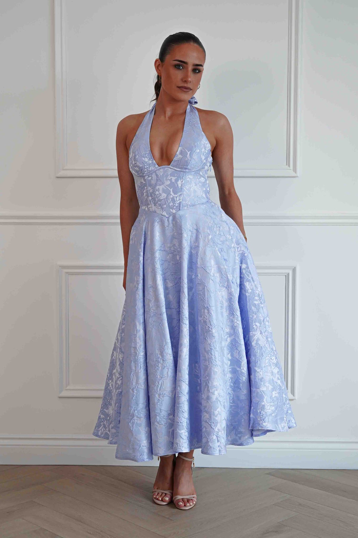 Mila Jacquard Plunge Midi Dress | Blue-Oh Hello Clothing