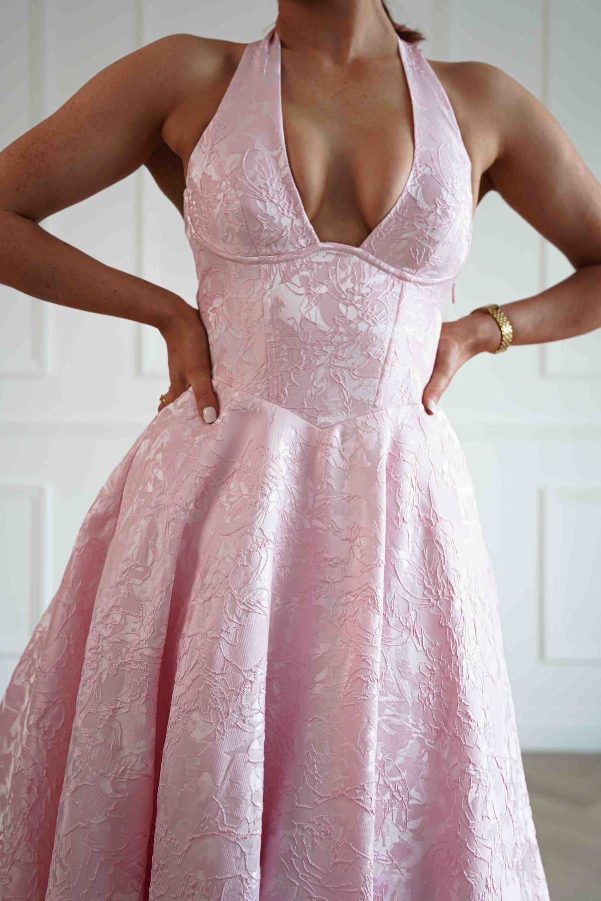 Mila Jacquard Plunge Midi Dress | Pink-Oh Hello Clothing