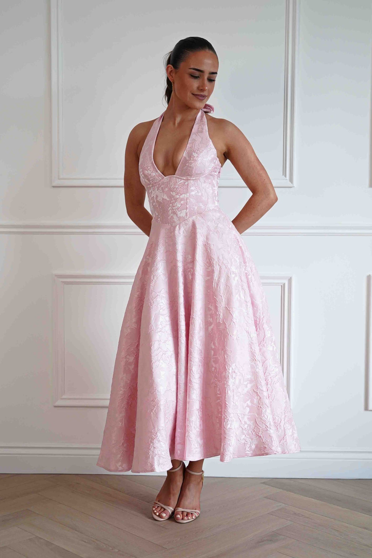 Mila Jacquard Plunge Midi Dress | Pink-Oh Hello Clothing