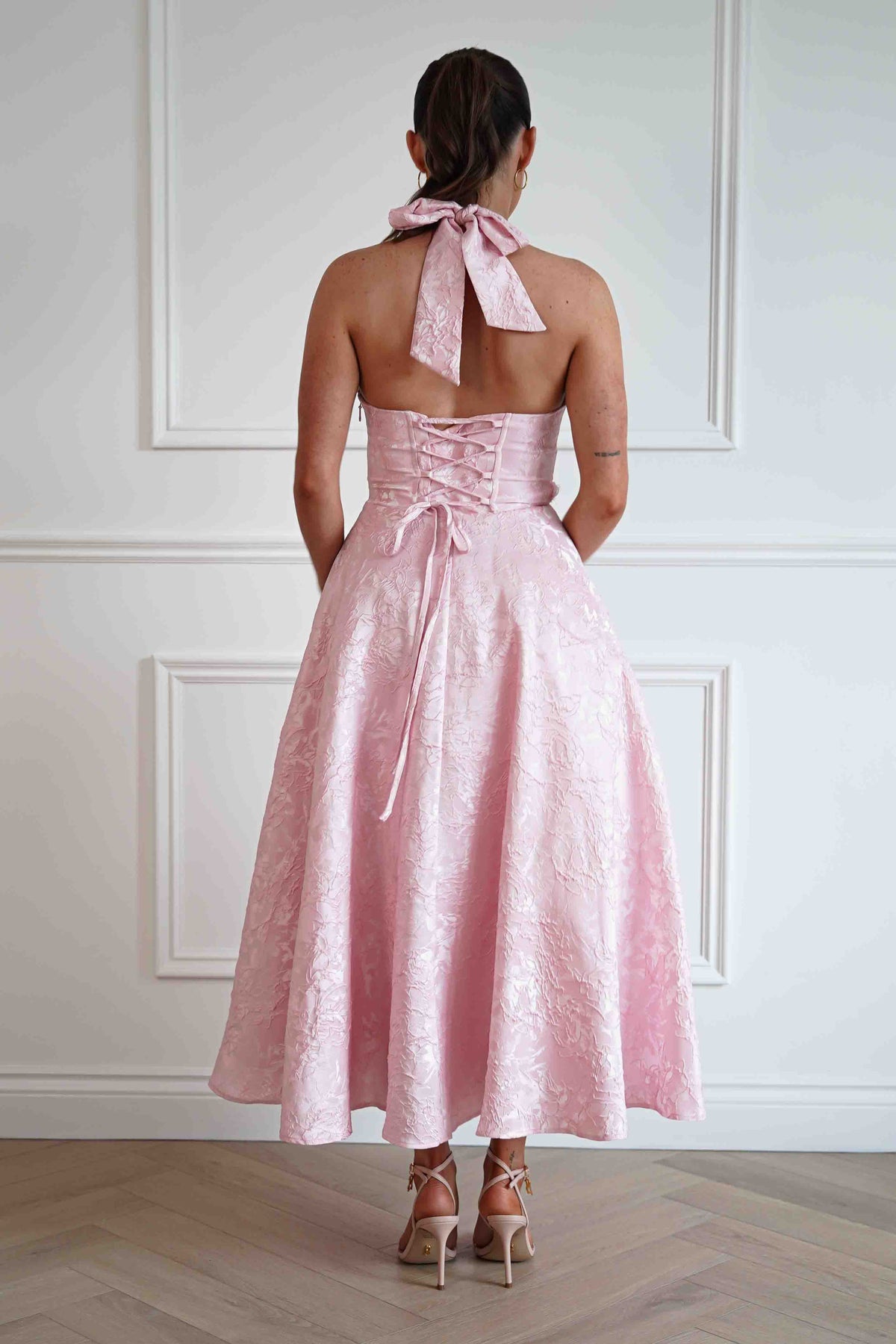 Mila Jacquard Plunge Midi Dress | Pink-Oh Hello Clothing