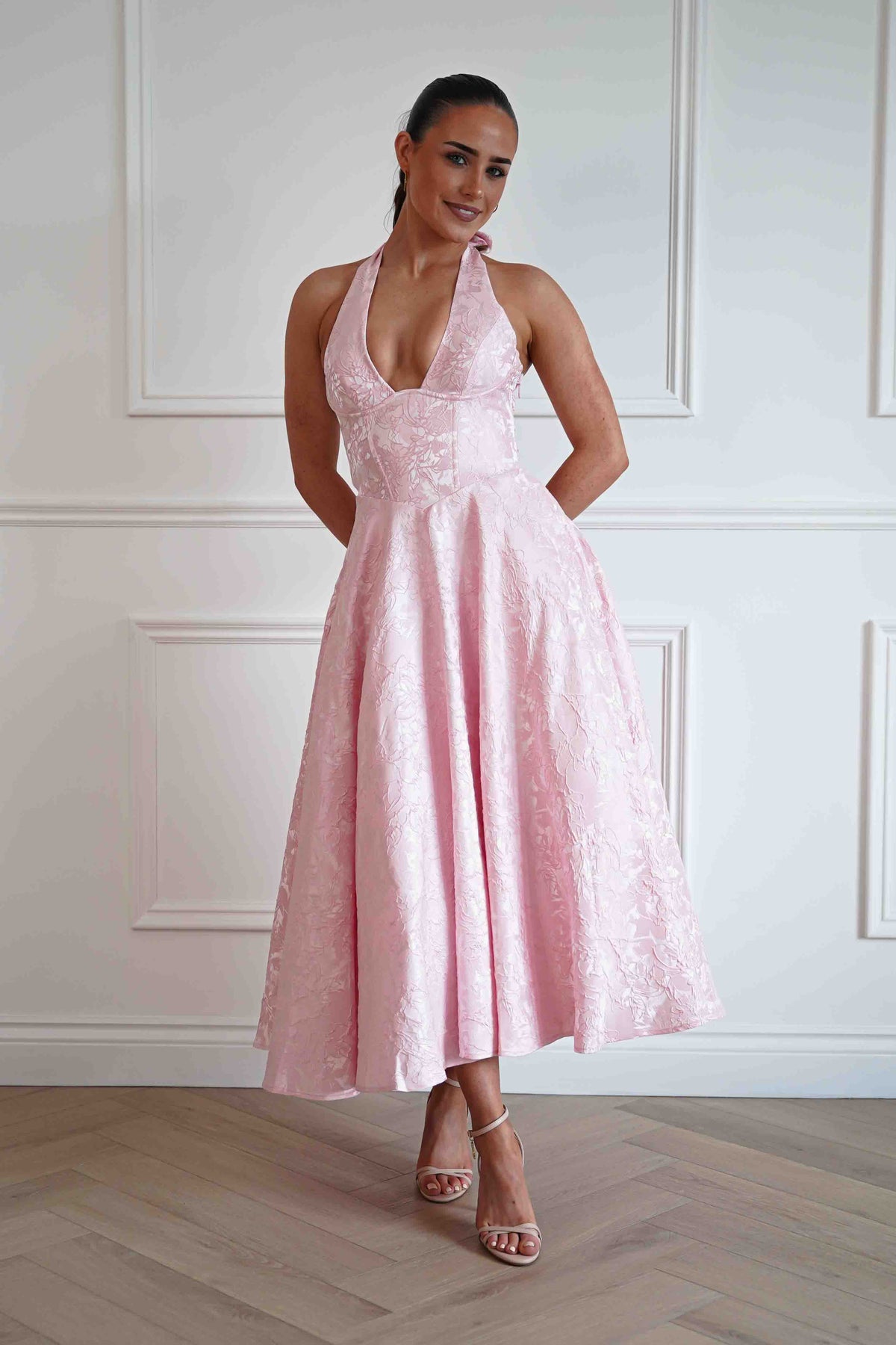 Mila Jacquard Plunge Midi Dress | Pink-Oh Hello Clothing