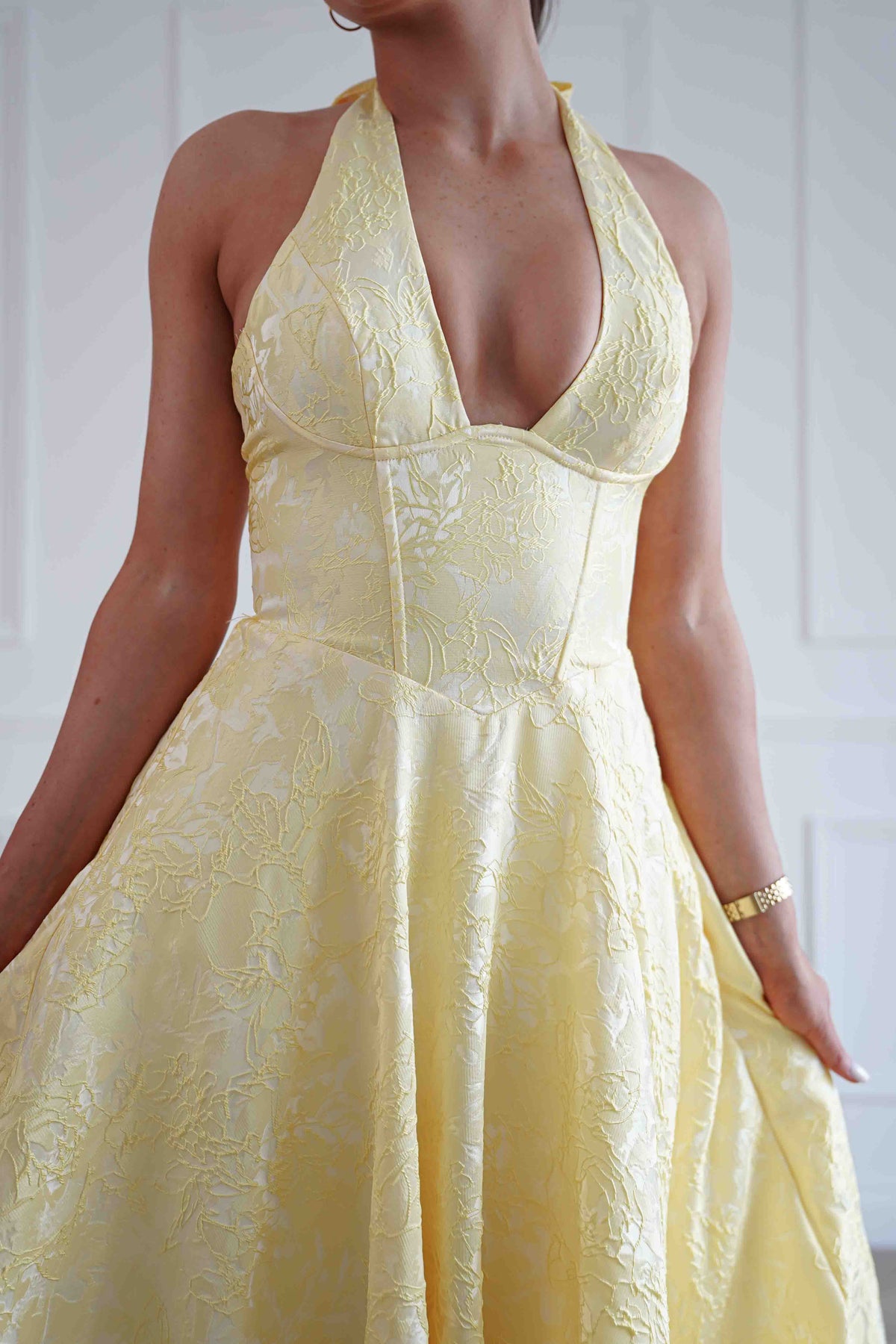 Mila Jacquard Plunge Midi Dress | Yellow-Oh Hello Clothing
