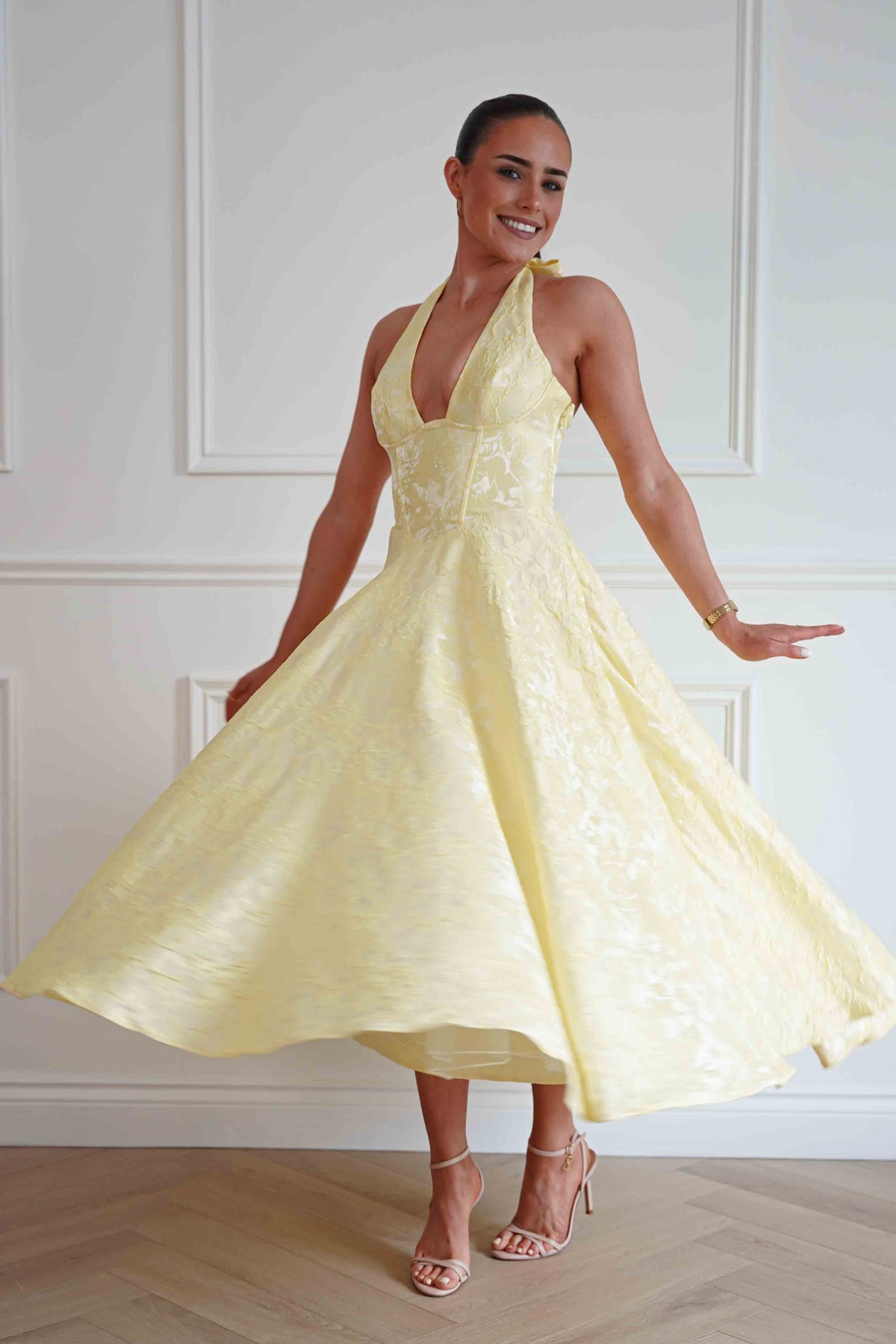Mila Jacquard Plunge Midi Dress | Yellow-Oh Hello Clothing