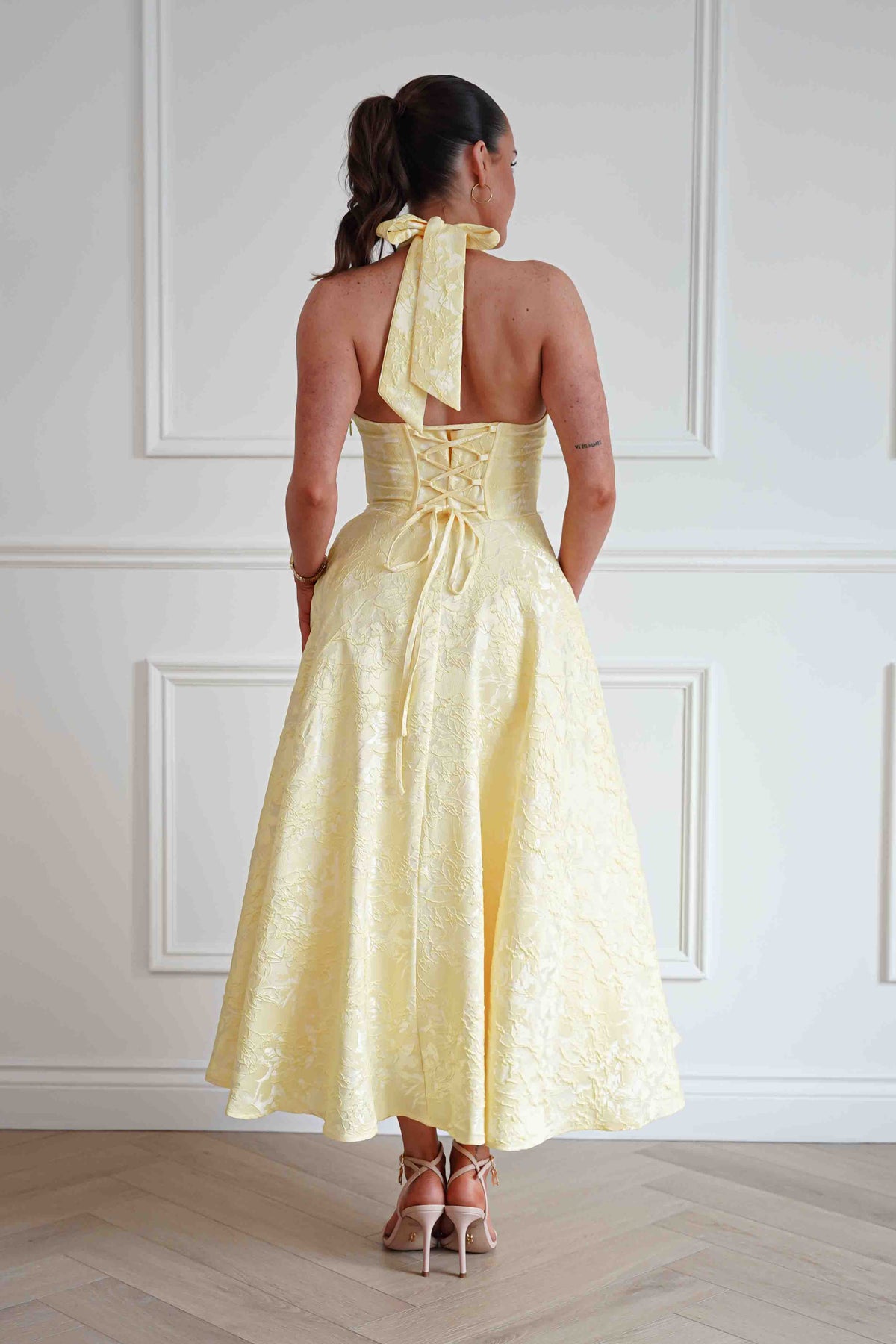 Mila Jacquard Plunge Midi Dress | Yellow-Oh Hello Clothing
