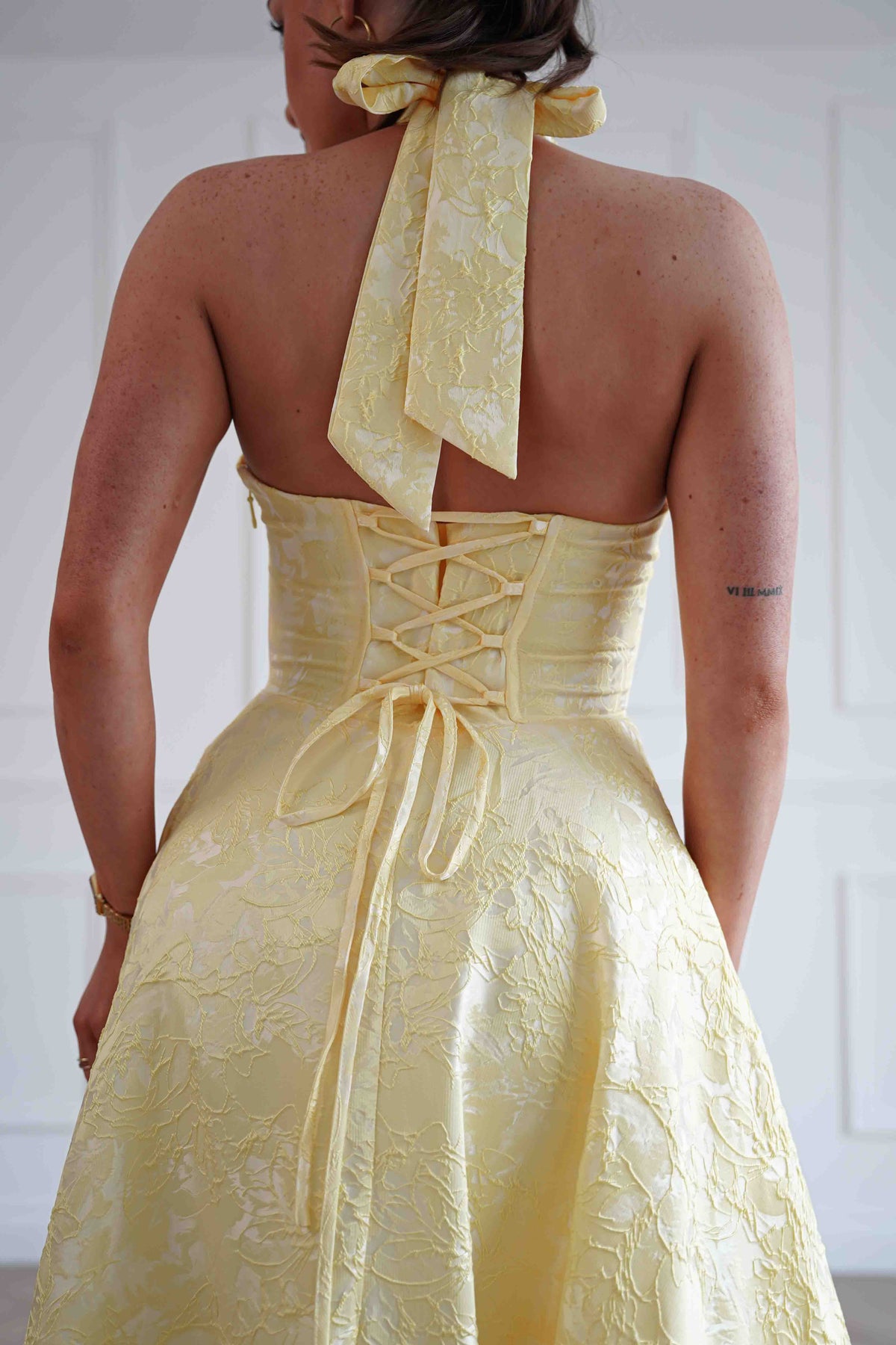 Mila Jacquard Plunge Midi Dress | Yellow-Oh Hello Clothing
